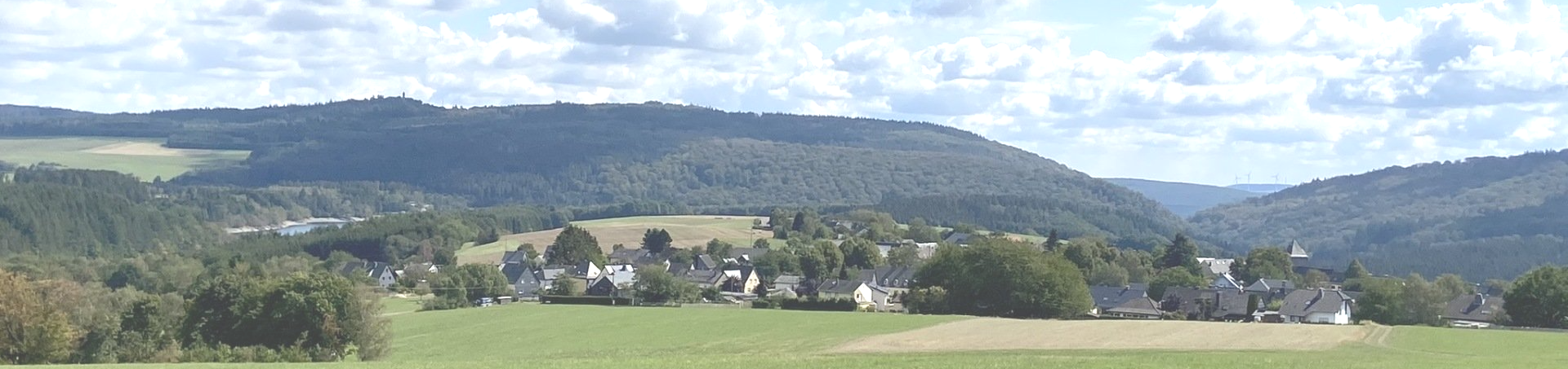 Gesamt Ansicht von Sensweiler. Im Hintergrund die Steinbachtalsperre und die Wildenburg.