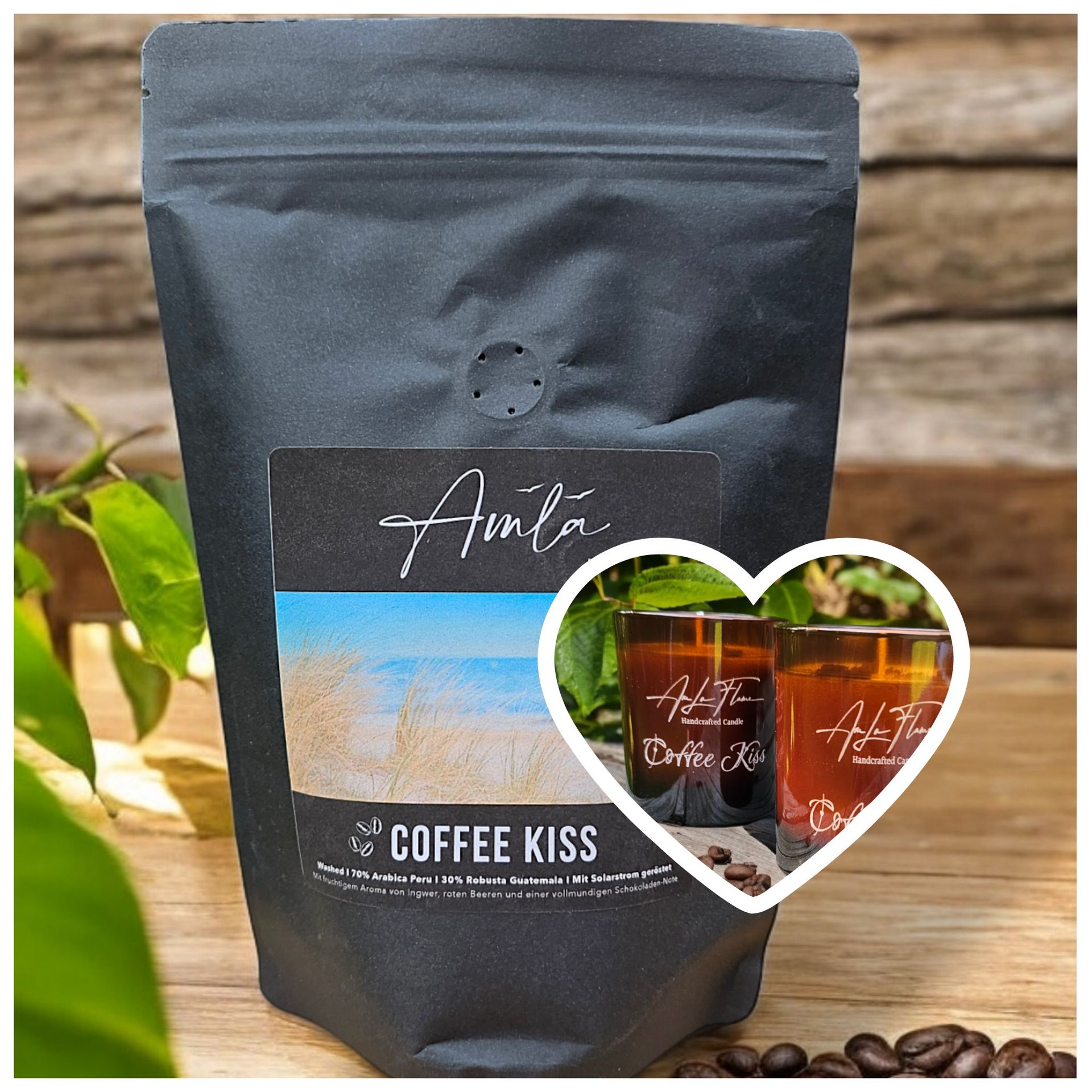Bio Röstkaffee ganze Bohne Bio Röstkaffee ganze Bohne mit Kaffeekerze in Sojawachs Amla Coffee Kiss