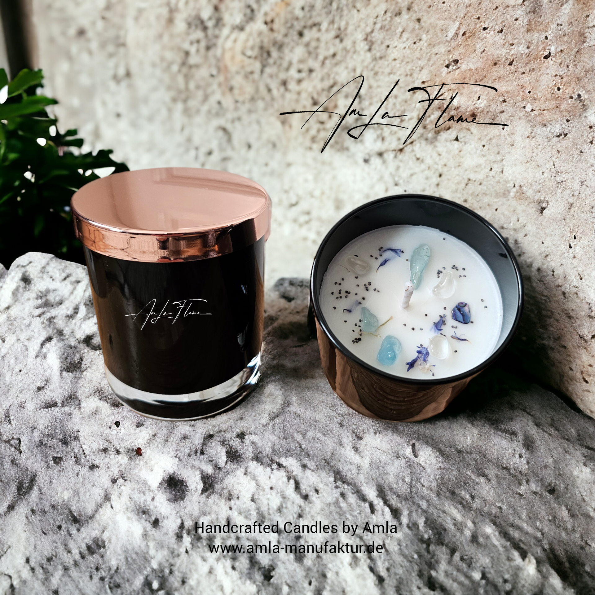 Heilsteinkerze Duftkerze mit Bergkristall Luna Bergkristall Aquamarin Paua Heilstein Kerze im Glas, Duftkerze