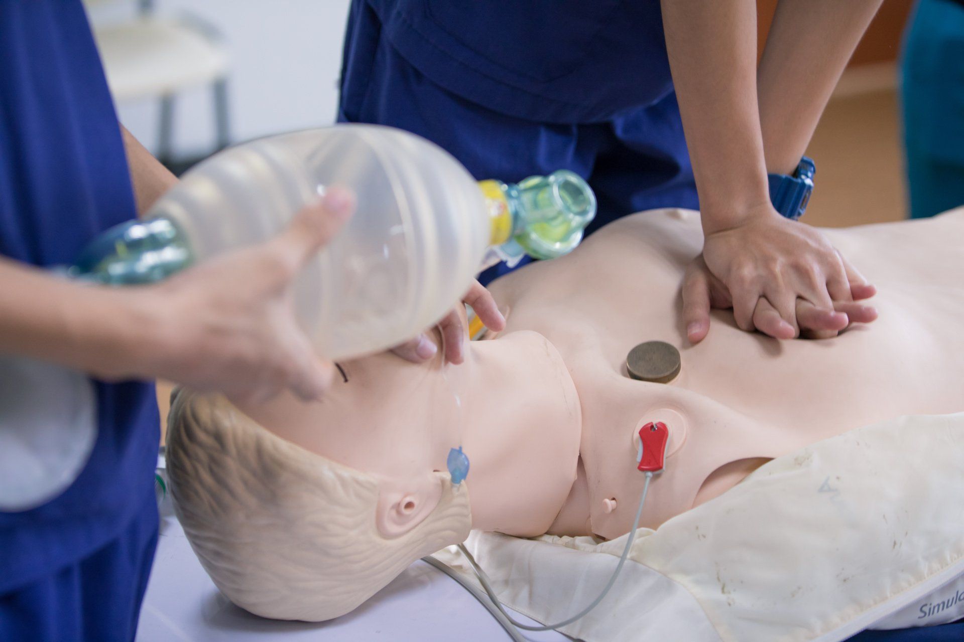 Herz-Lungen-Wiederbelebung einer Puppe von zwei Personen mit Masken-Beutel-Beatmung