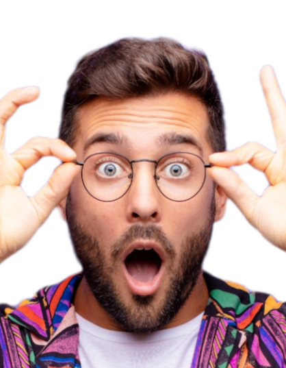 Amtlicher Sehtest Schockierter Mann schaut durch seine Brille