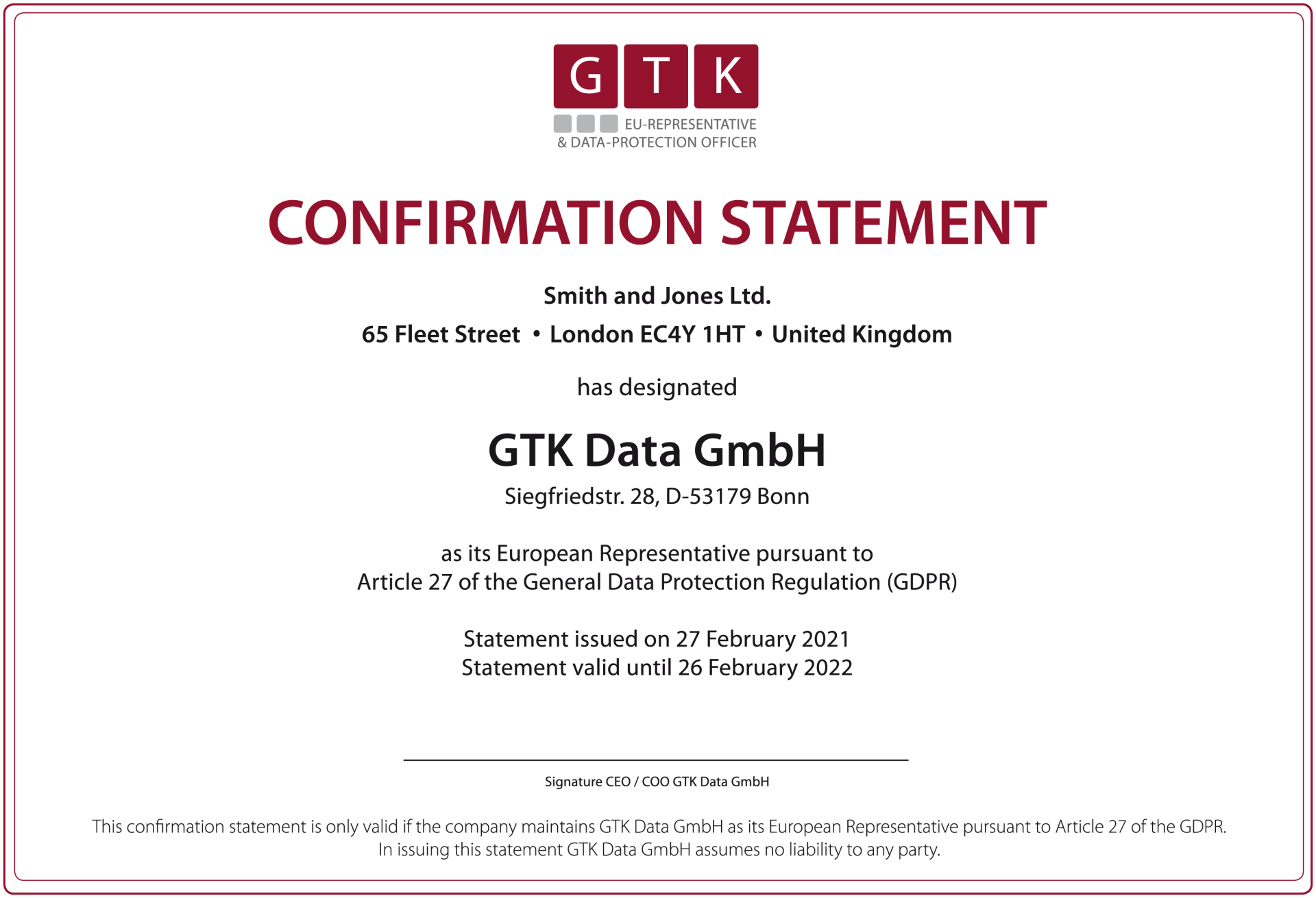 Confirmation Statement, European Representative pursuant to Article 27 of the GDPR