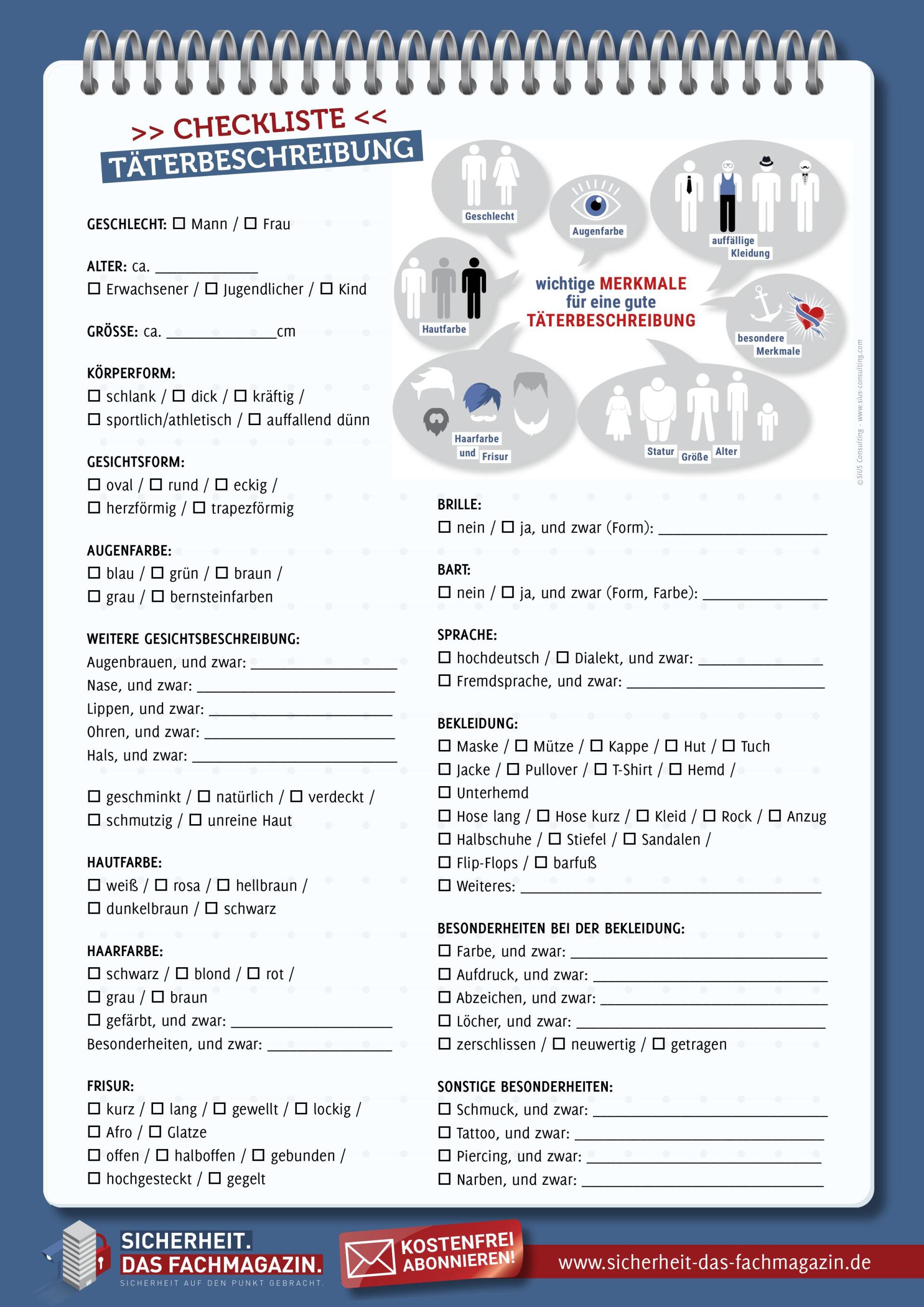 Checkliste - Täterbeschreibung (SICHERHEIT. Das Fachmagazin.) Checkliste - Täterbeschreibung (SICHERHEIT. Das Fachmagazin.)