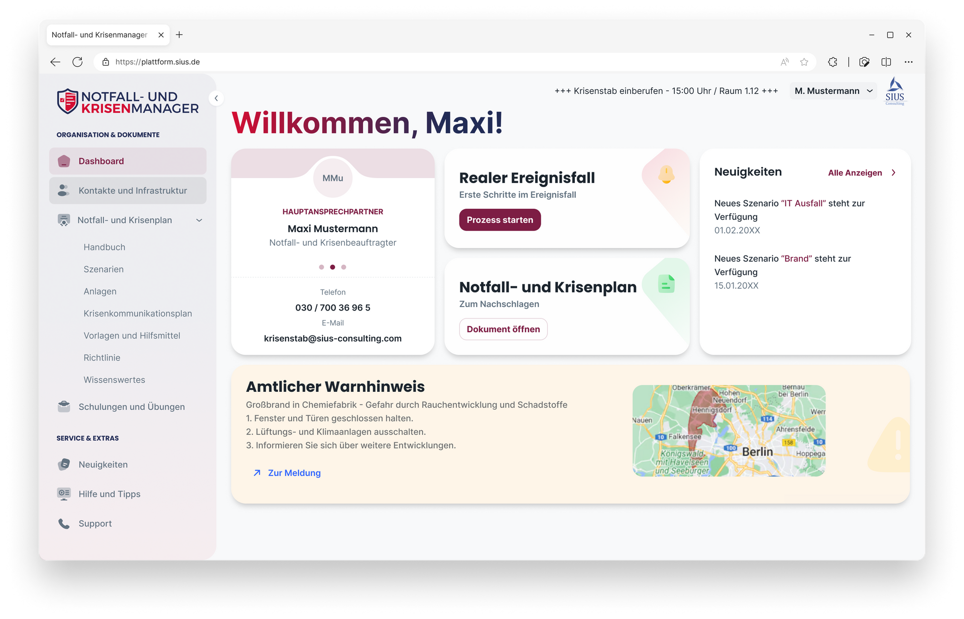 Dashboard für Notfall- und Krisenmanagement: Übersichtliches Dashboard der Software „Notfall- und Krisenmanager“ mit zentralen Informationen und schnellen Zugriffen auf alle relevanten Funktionen für eine effektive Krisenbewältigung.