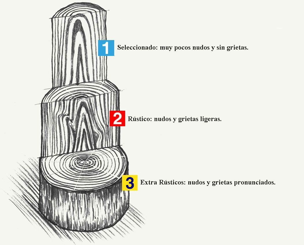 Dibujo explicativo de la clasificación de los suelos de madera según el corte del tronco del árbol