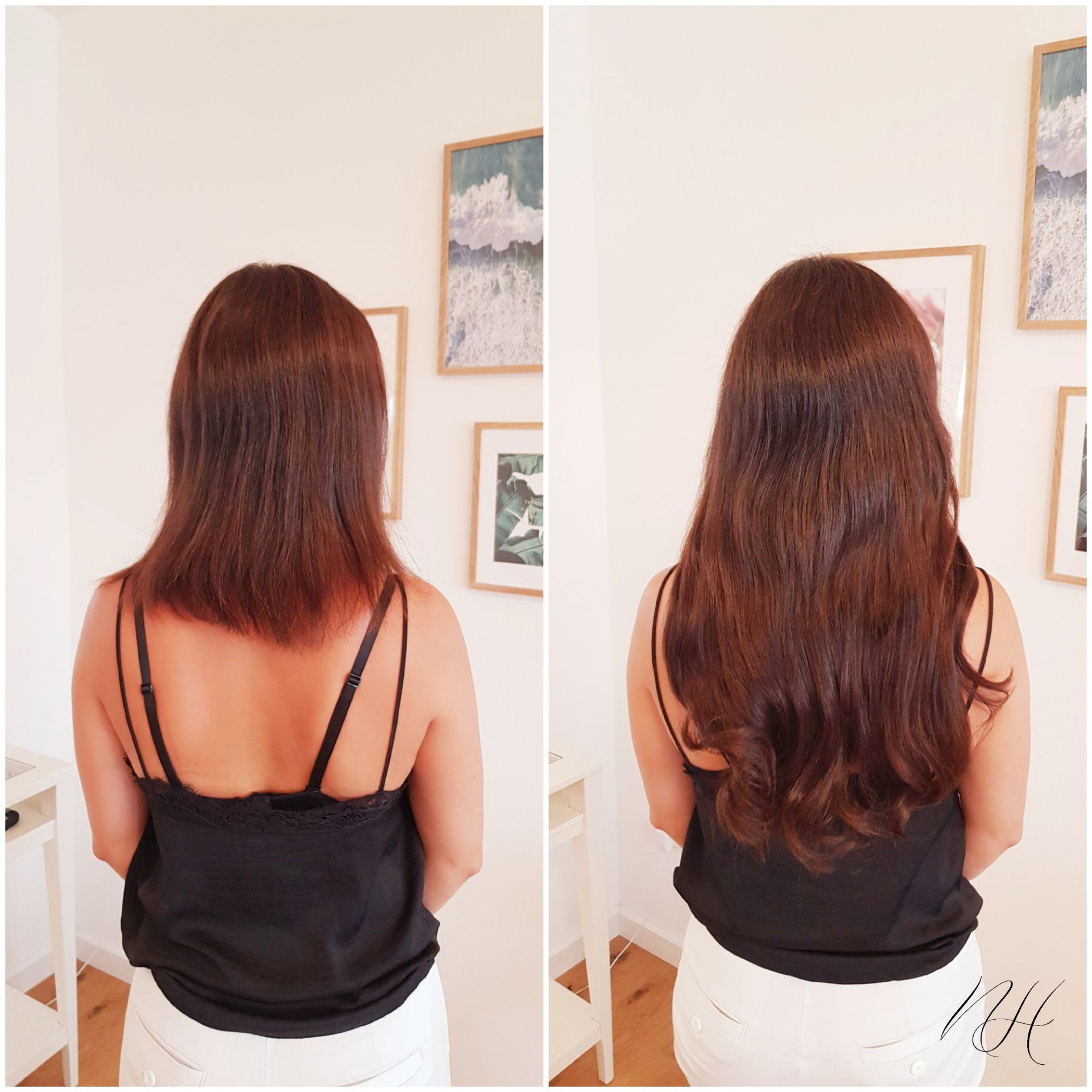 haarverlängerung vorher nachher braun gewellt flip in Extensions