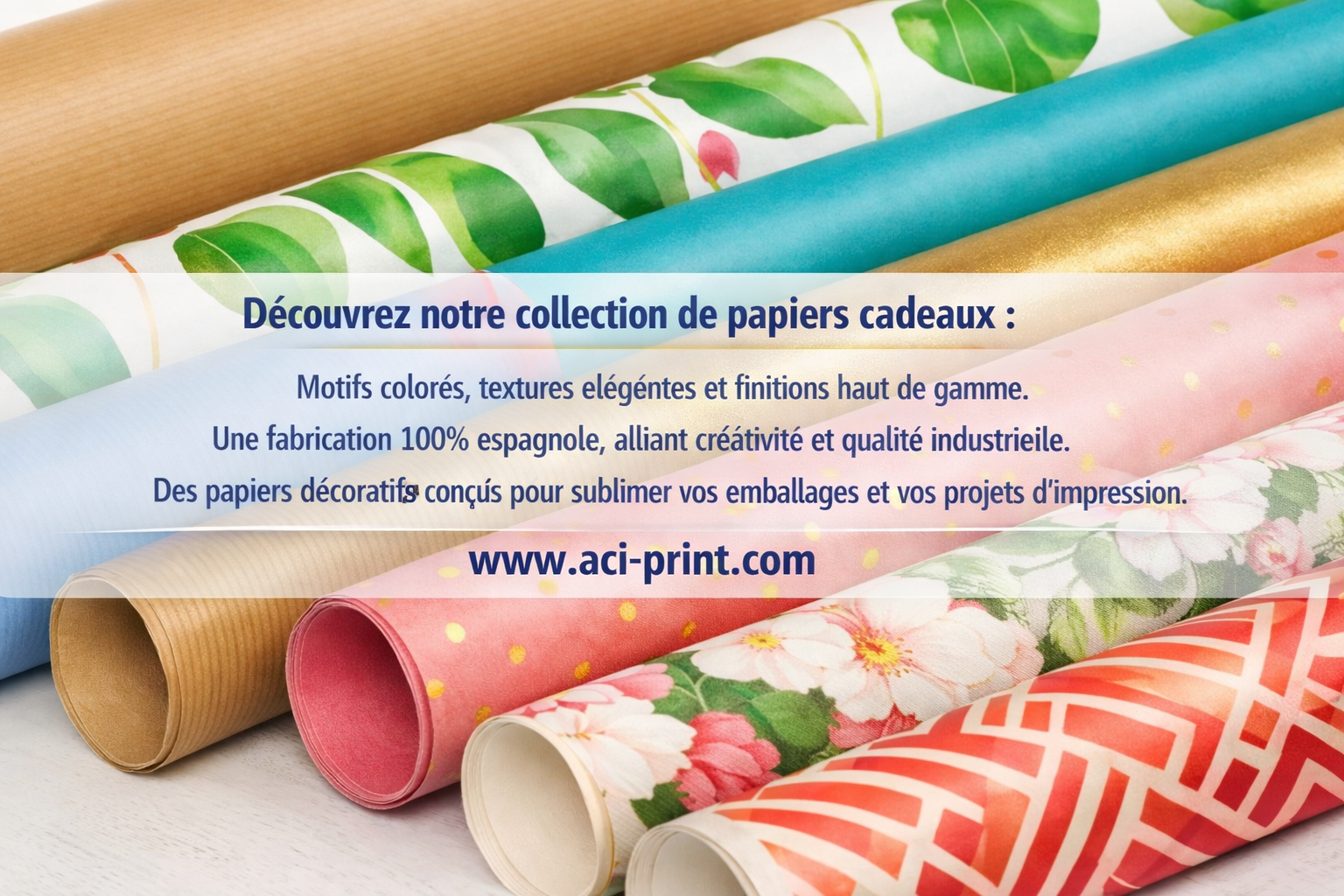 Papiers cadeaux ACI‑Print fabriqués en Espagne, motifs colorés et textures premium pour emballages.