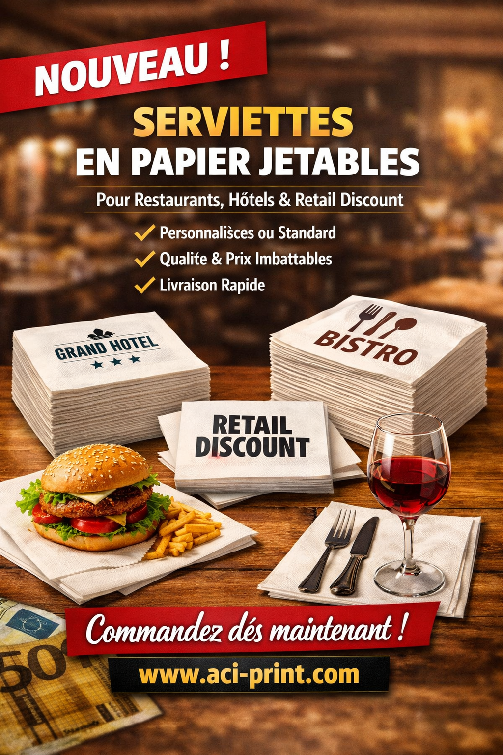Visuel promotionnel ACI‑PRINT présentant des serviettes en papier jetables pour restaurants, hôtels