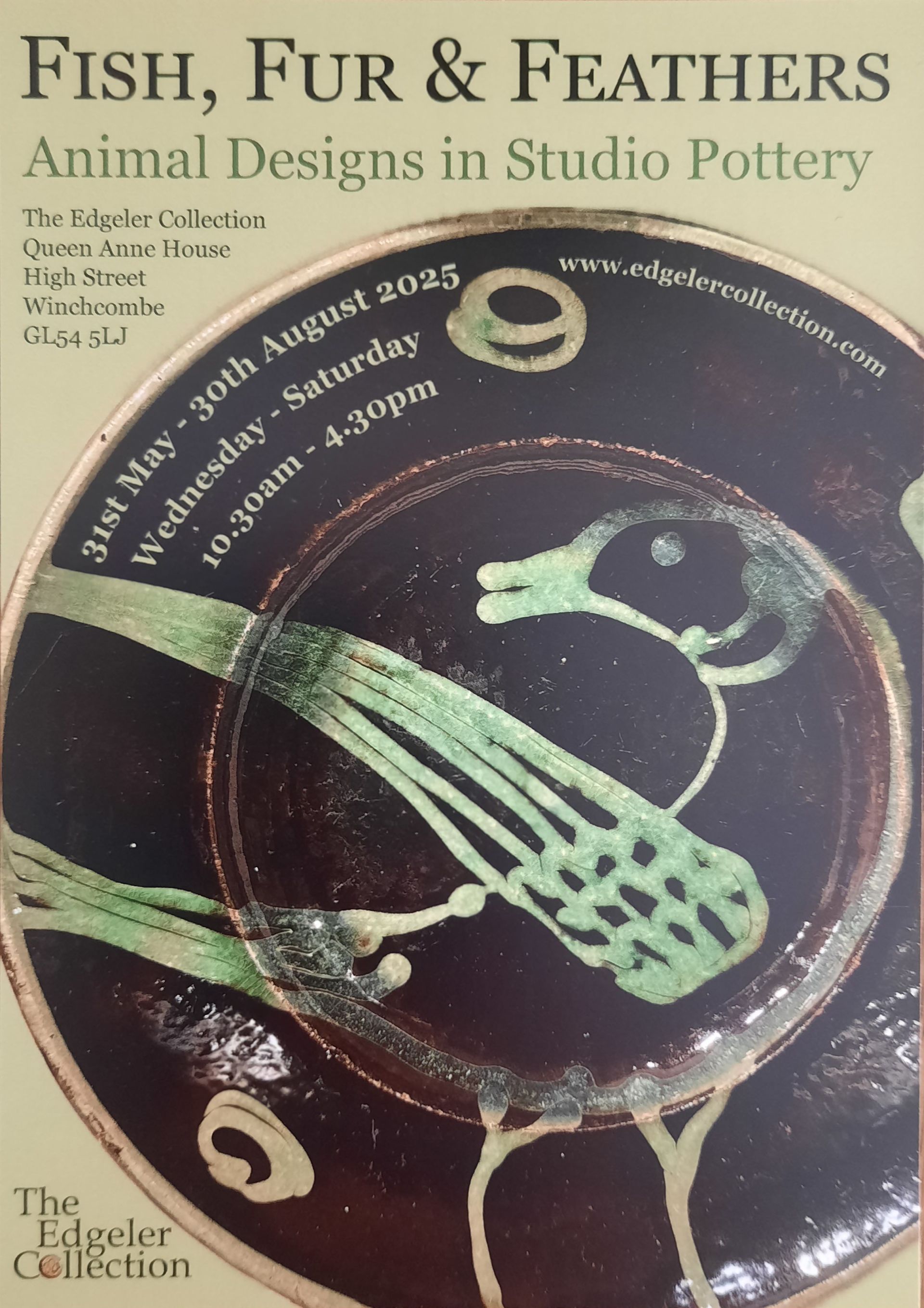 A slip ware platter decorated with a bird is the central image for this advertising flyer. The flyer is for Fish, Fur and Feathers - an exhibition of studio pottery and artworks inspired by animals.