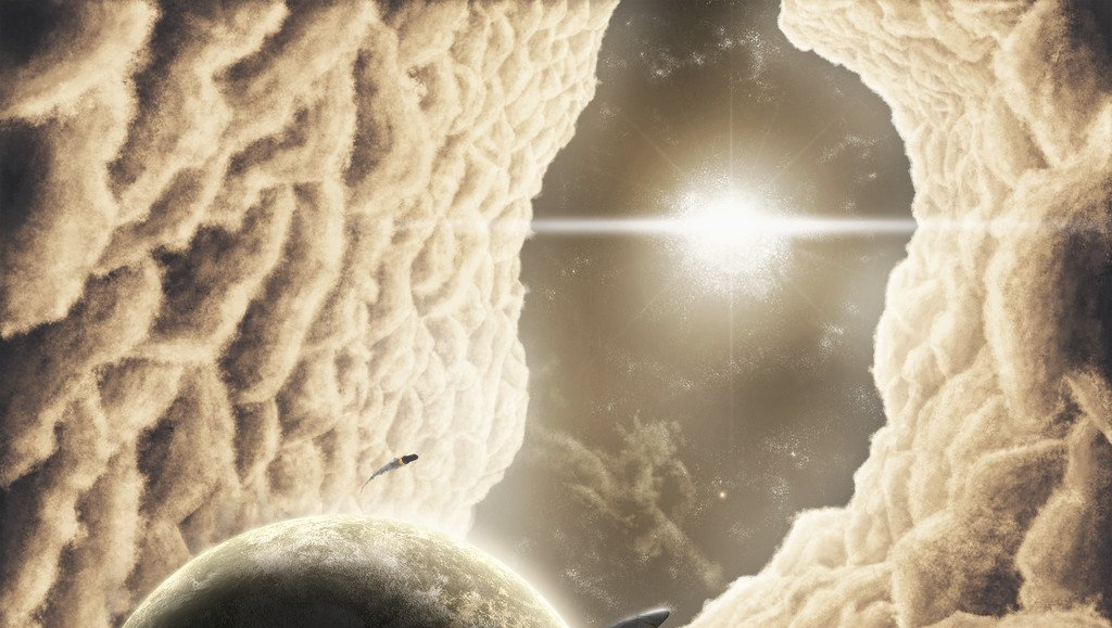 An image of a bright star shining between clouds in outer space