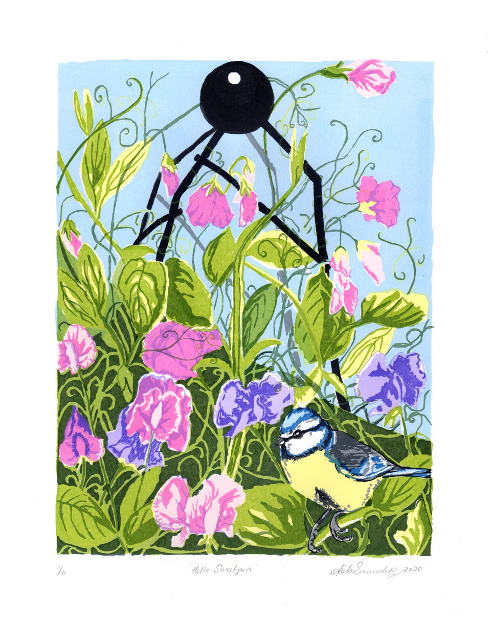 Anita Saunders limited edition screenprint - Hello Sweetpea 2020 Brightly coloured screen print of a Blue Tit bird sitting amongst pink and violet coloured sweet pea flowering plants against a blue sky