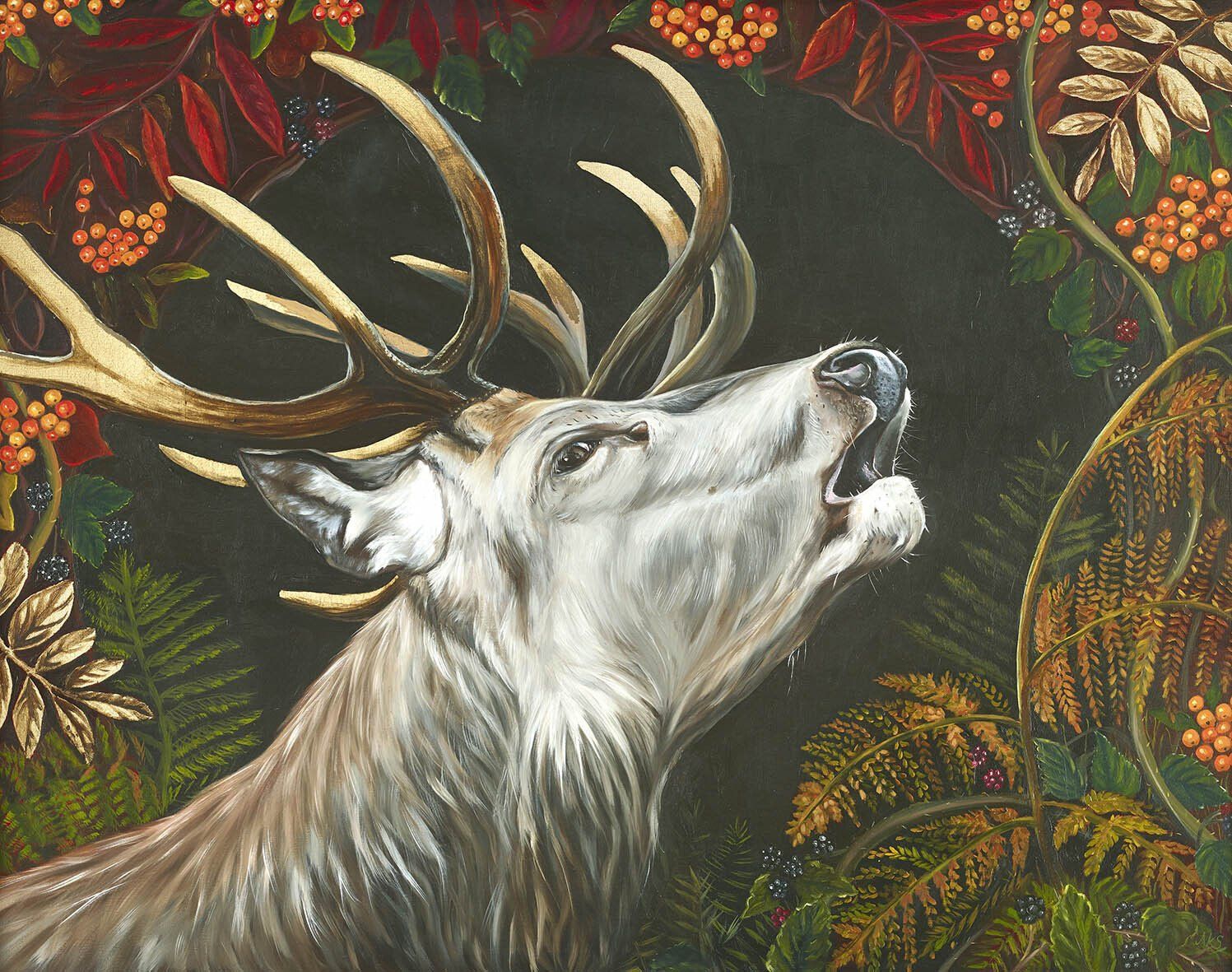 An image of an oil painting of a large red deer stag, with gilded antlers, amongst bracken, blackberries and orange rowan berries. His head is thrown back mid roar during the autumn rutting season.