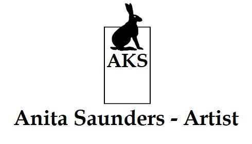 Logo showing a black hare with the letter AKS below and name Anita Saunders Artist in black text