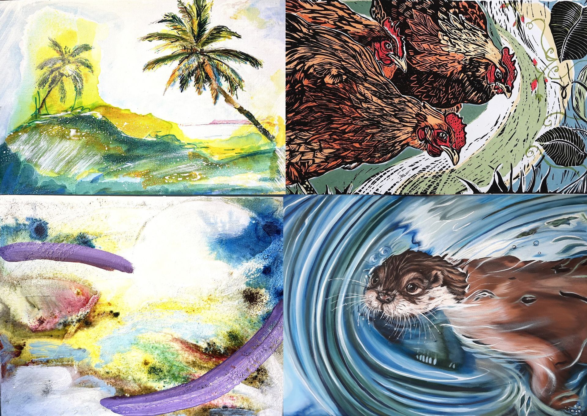 A graphic image comprising of four individual works of art. The two on the left are by David Durston, the two on the right are by Anita Saunders. The top left image is a painting of a tropical landscape in blue, yellow and green hues. There are two palm trees at either side of the composition. The bottom left image is an abstract painting in similar colours to the top image. Two violet coloured, thick brushstrokes sweep through the painting. The image on the top right is a lino print of three red brown chickens, pecking at a swirling green, yellow and white foregraound. The bottom right image is a painting of a brown otter swimming against swirling blue water.
