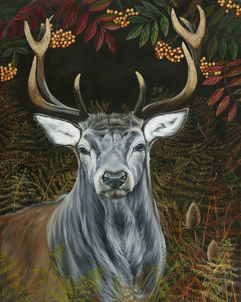 An image of an oil painting of a large red deer stag, with gilded antlers, standing amongst thick bracken and orange rowan berries