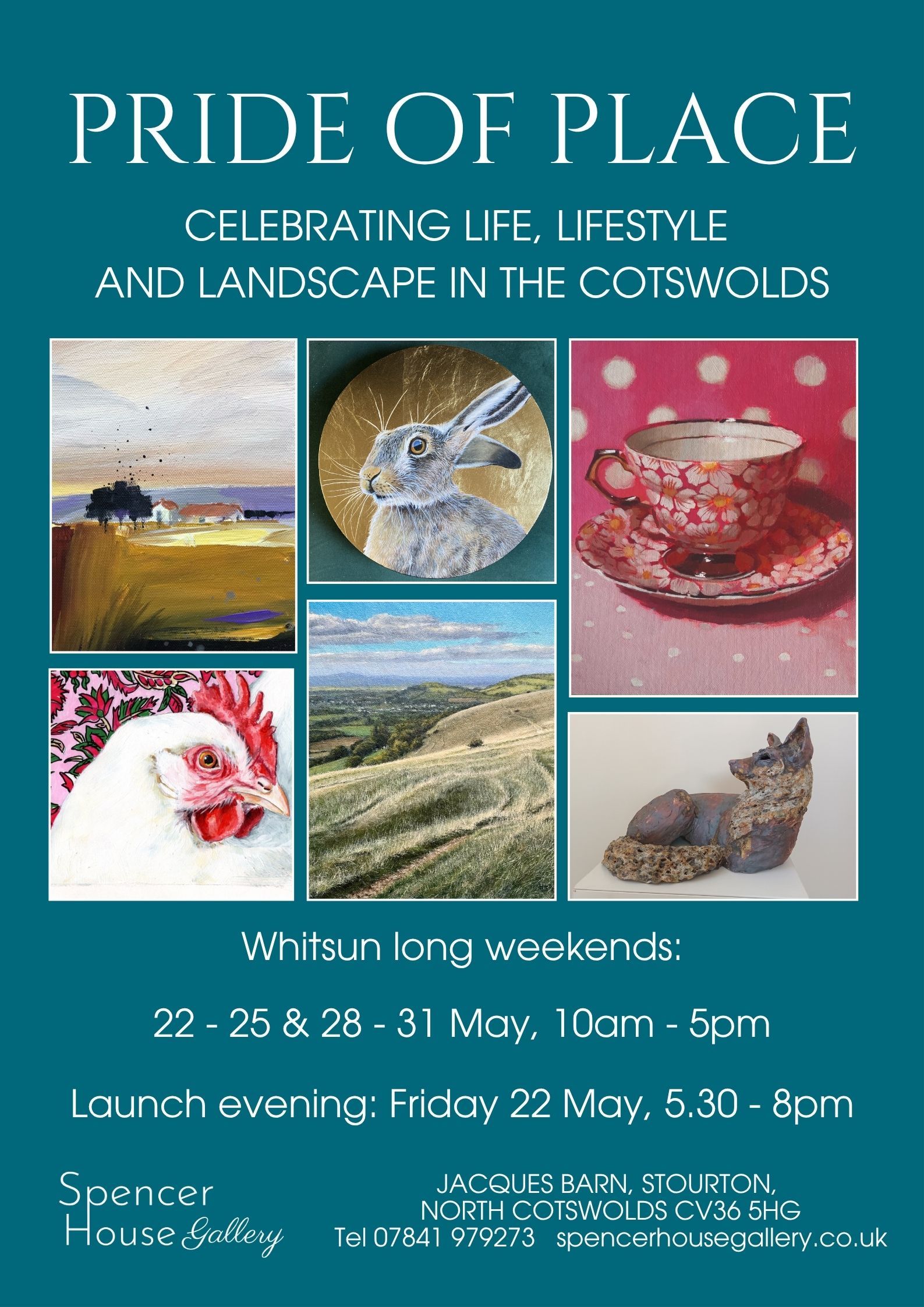 A promotional flyer for the exhibition taking place in Jaques Barn in Stourton from 22 to 31 May 2026. The flyer contains the exhibition details and six small images of artwork on display at the exhibition. Top left to right a landscape painting of a large wheat field with tree and white buildings, top centre a hare's head against a golden background, top left pink floral porcelain patterned cup and saucer against a pink and white polka dot background, bottom left a close up of a white hen with pink face and wattle against a pink, red and green floral background bottom centre an undulating landscape of hills and blue sky with clouds and bottom right a ceramic sculpture of a resting fox.