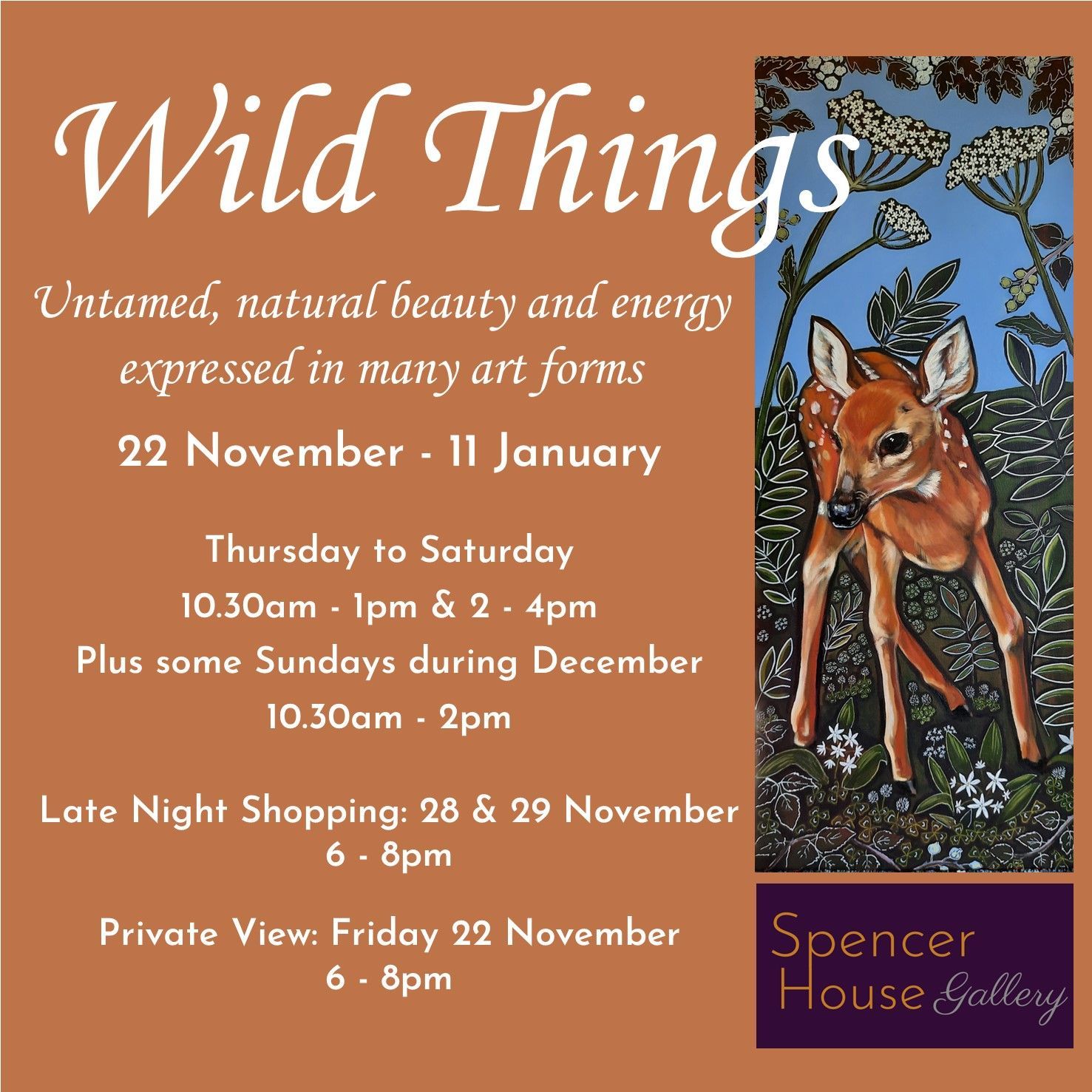 An advertising image for Wild Things, an exhibition of art at Spencer House Gallery. Text providing opening times and Private View information is on the left. A long thin image of a painting by Anita Saunders of a young, rich russet coloured fawn, with large eyes and ears, long unsteady legs, black shiny nose and white spots on its back, is on the right. The sky is bright blue behind the fawn. Large cow parsley stalks and stylised leaves form a patterned backdrop to the scene.