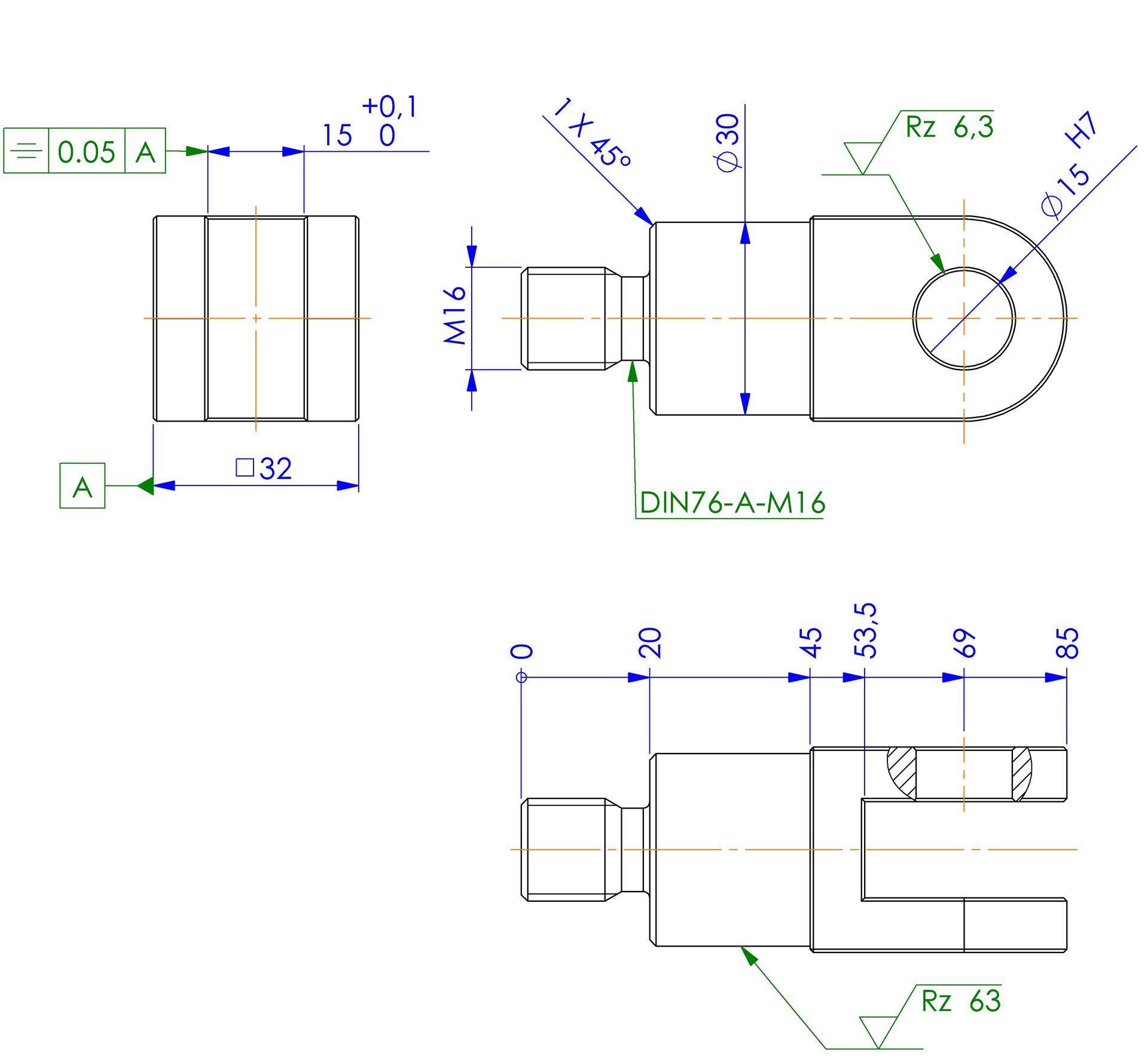 Ausschnitt von technischen Zeichnung einer Achsgabel.