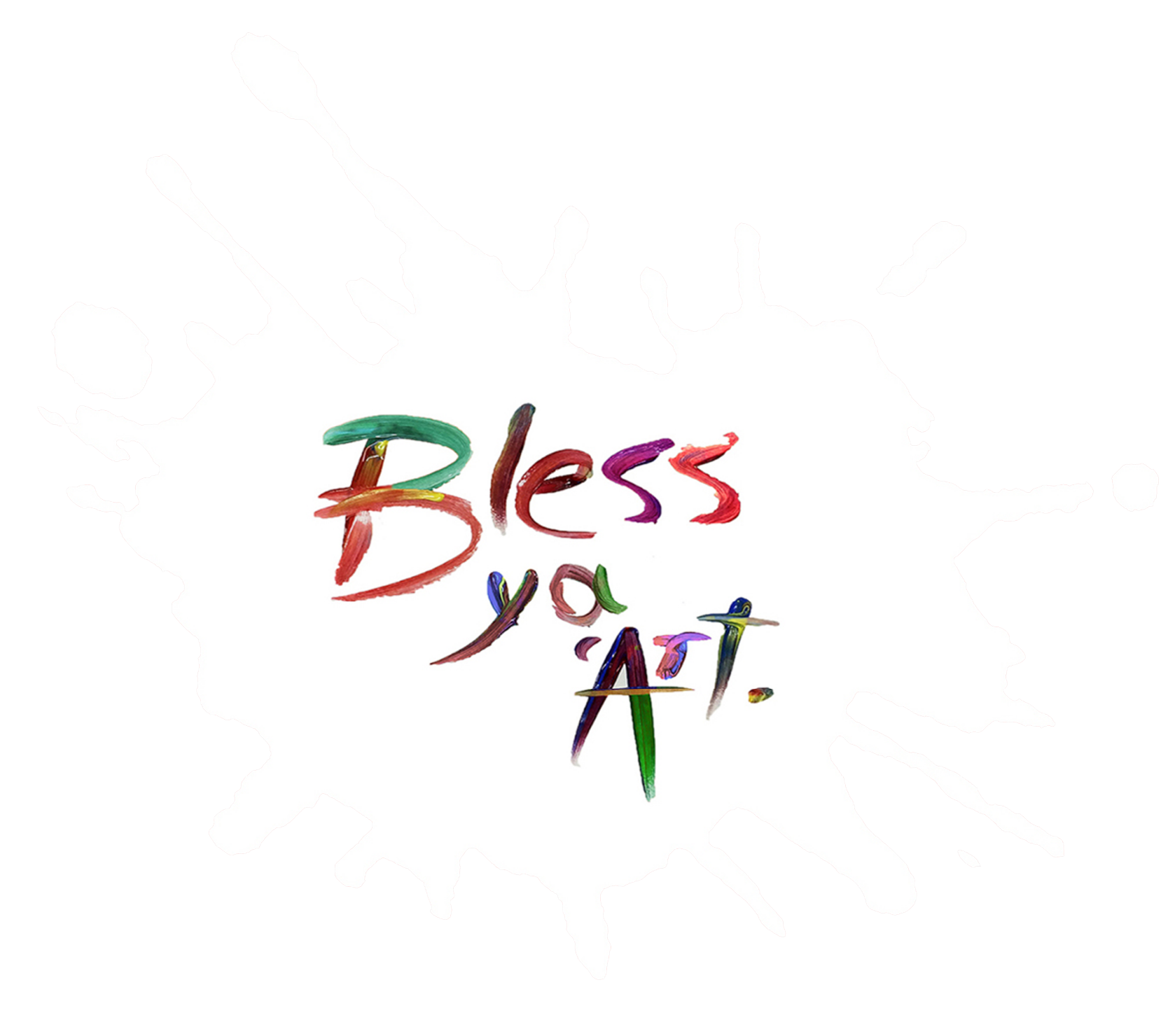 A creative logo design featuring the phrase ‘Bless ya Art’ written in vibrant, multicoloured brushstrokes. The lettering has a hand-painted style, with bold and playful strokes in red, green, purple, and blue. Behind the text is a faint splash effect, giving the design an artistic and expressive look against a clean white background.