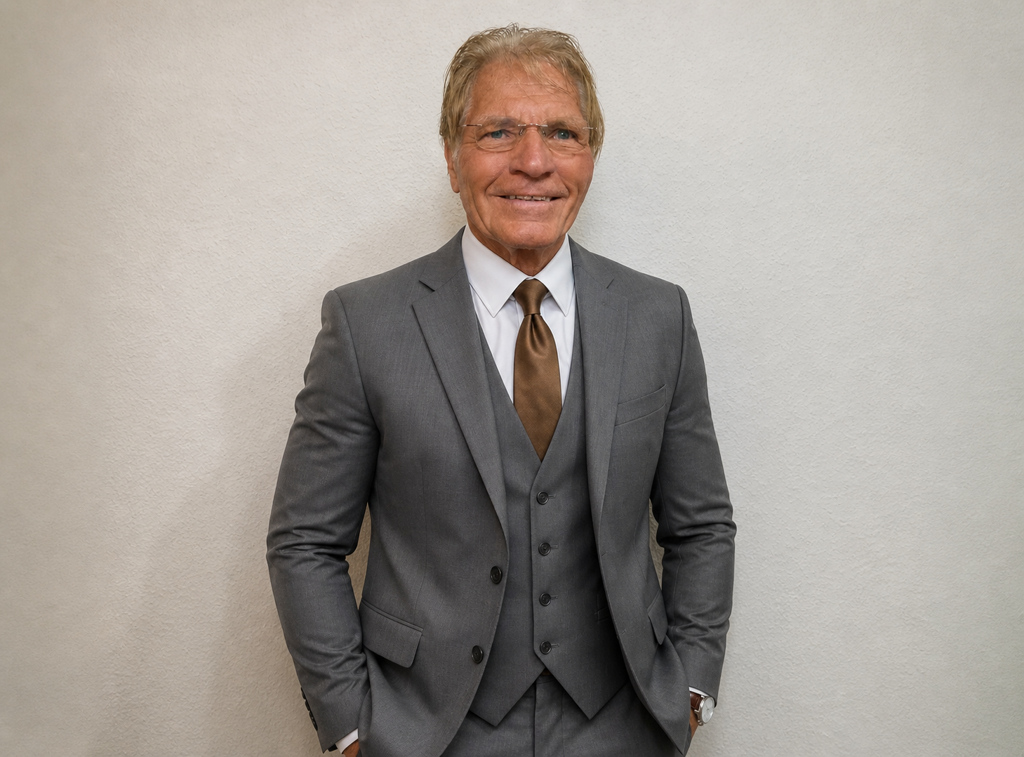 „Paul Röhrig steht vor einer hellen Wand und trägt einen eleganten grauen Dreiteiler mit weißem Hemd und brauner Krawatte. Er blickt ruhig in die Kamera, trägt eine Brille und eine Armbanduhr, wirkt professionell, seriös und vertrauenswürdig.“
