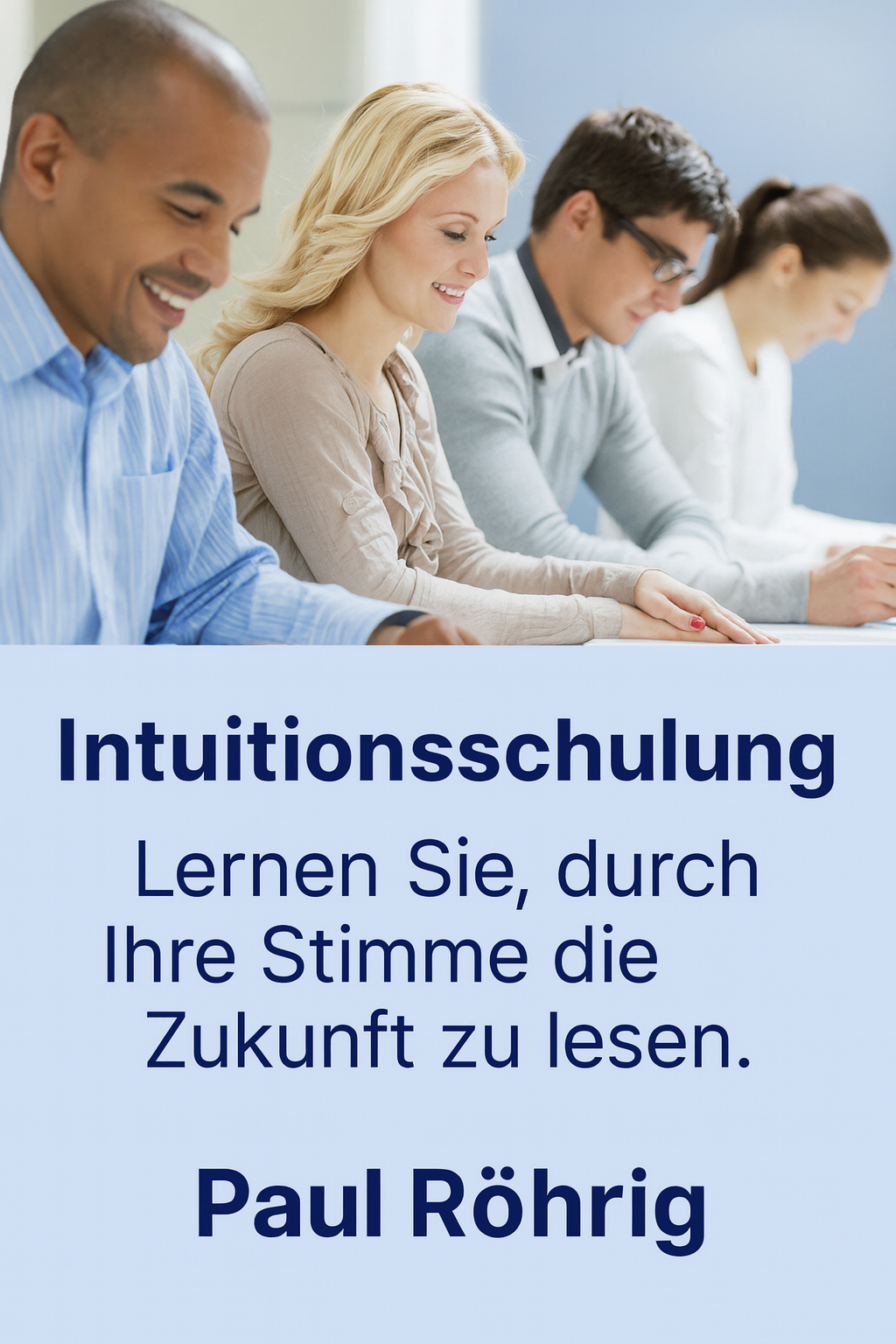 „Mehrere Personen sitzen konzentriert an einem Tisch und schreiben. Das Bild zeigt eine Seminar‑Situation zur Intuitionsschulung von Paul Röhrig, in der Teilnehmer lernen, ihre Stimme als Zugang zu intuitiven Informationen zu nutzen.“