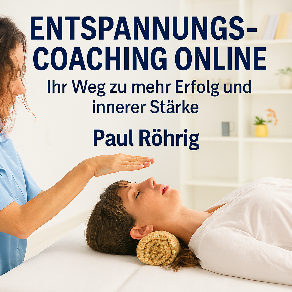 Eine junge Frau liegt entspannt auf einem Handtuch, während ihre Stirn sanft massiert wird. Um sie herum sind Kerzen und dunkle Massagesteine. Das Bild symbolisiert die tiefe Entspannung im Online-Coaching.