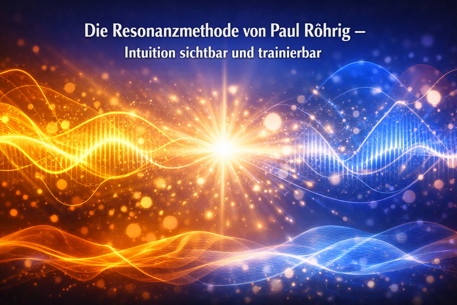 Energetische Lichtwellen in Gold‑ und Blautönen symbolisieren Schwingungen und Resonanz. Oben zentriert steht der Titel „Die Resonanzmethode von Paul Röhrig – Intuition sichtbar und trainierbar“.