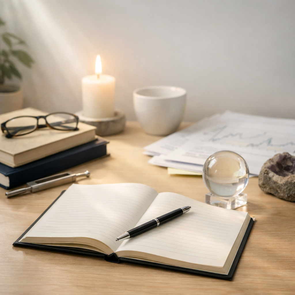„Ein aufgeschlagenes Notizbuch liegt auf einem hellen Schreibtisch, daneben ein Stift, eine Brille und eine brennende Kerze. Das warme Licht fällt auf die Seiten und vermittelt Ruhe, Konzentration und die Atmosphäre intuitiver Forschung.“