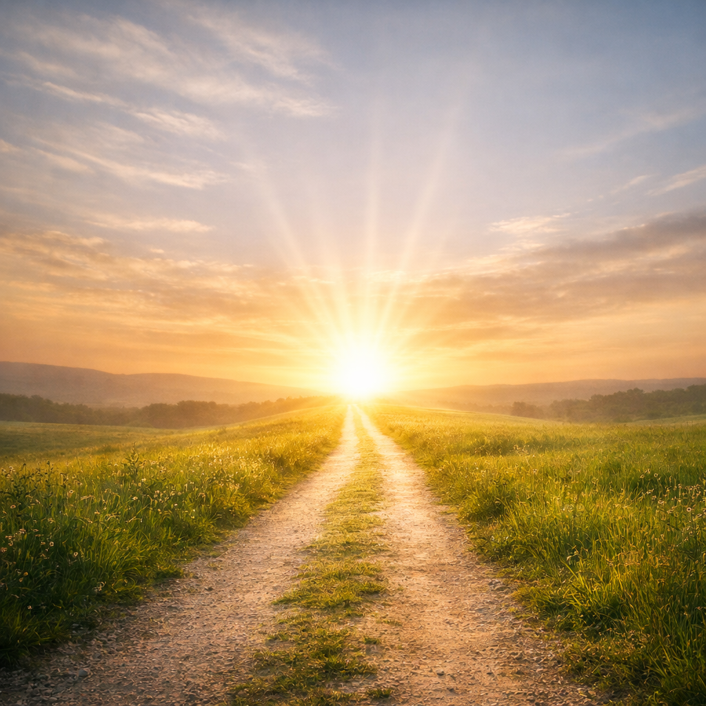 „Ein heller Weg führt durch eine grüne Landschaft auf einen strahlenden Lichtpunkt am Horizont zu. Die Sonne steht tief und taucht den Himmel in warmes Gold. Der Weg wirkt ruhig, einladend und symbolisiert Orientierung und innere Klarheit.“