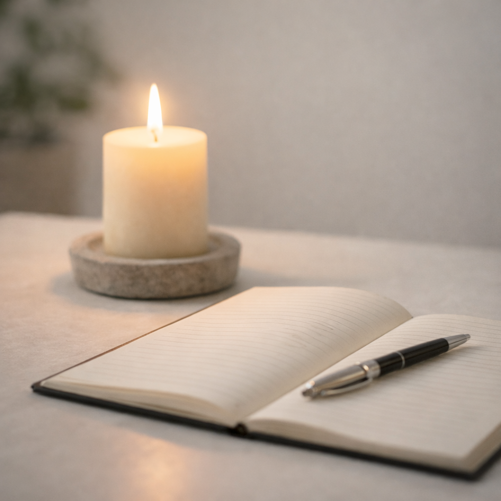 „Ein offenes Notizbuch liegt auf einem hellen Tisch neben einer brennenden Kerze. Das warme Licht schafft eine friedliche Atmosphäre und symbolisiert Ruhe, Achtsamkeit und innere Stärke im Entspannungs‑Coaching von Paul Röhrig.“