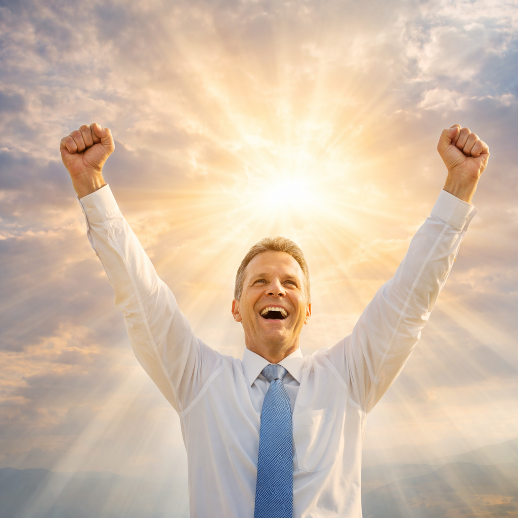 „Ein Mann im Business‑Outfit hebt strahlend die Arme zum Himmel, während Sonnenstrahlen durch die Wolken brechen. Das Bild symbolisiert Erfolg, innere Stärke und das selbstbewusste Auftreten einer gefestigten Persönlichkeit.“