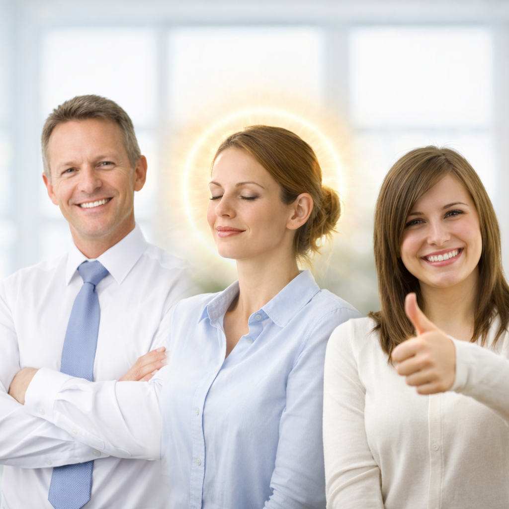 „Drei Personen symbolisieren Coaching und Lebensberatung: Ein selbstbewusster Mann steht für Erfolg, eine Frau mit geschlossenen Augen für Intuition und eine lächelnde Frau für Lebensfreude. Das Bild repräsentiert die ganzheitliche Arbeit von Paul Röhrig.“