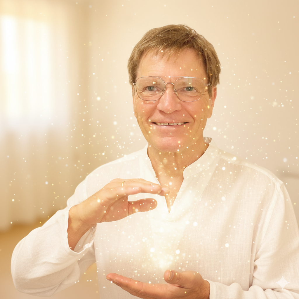 Paul Röhrig in heller Kleidung bei geistiger Fernheilung, Hände zeigen energetische Lichteffekte, aktivierte Selbstheilungskräfte, spirituelle Energie