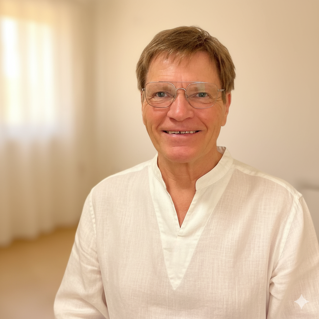 Porträt von Paul Röhrig in heller, spiritueller Kleidung, repräsentiert Forschung zu geistigem Heilen und Intuition