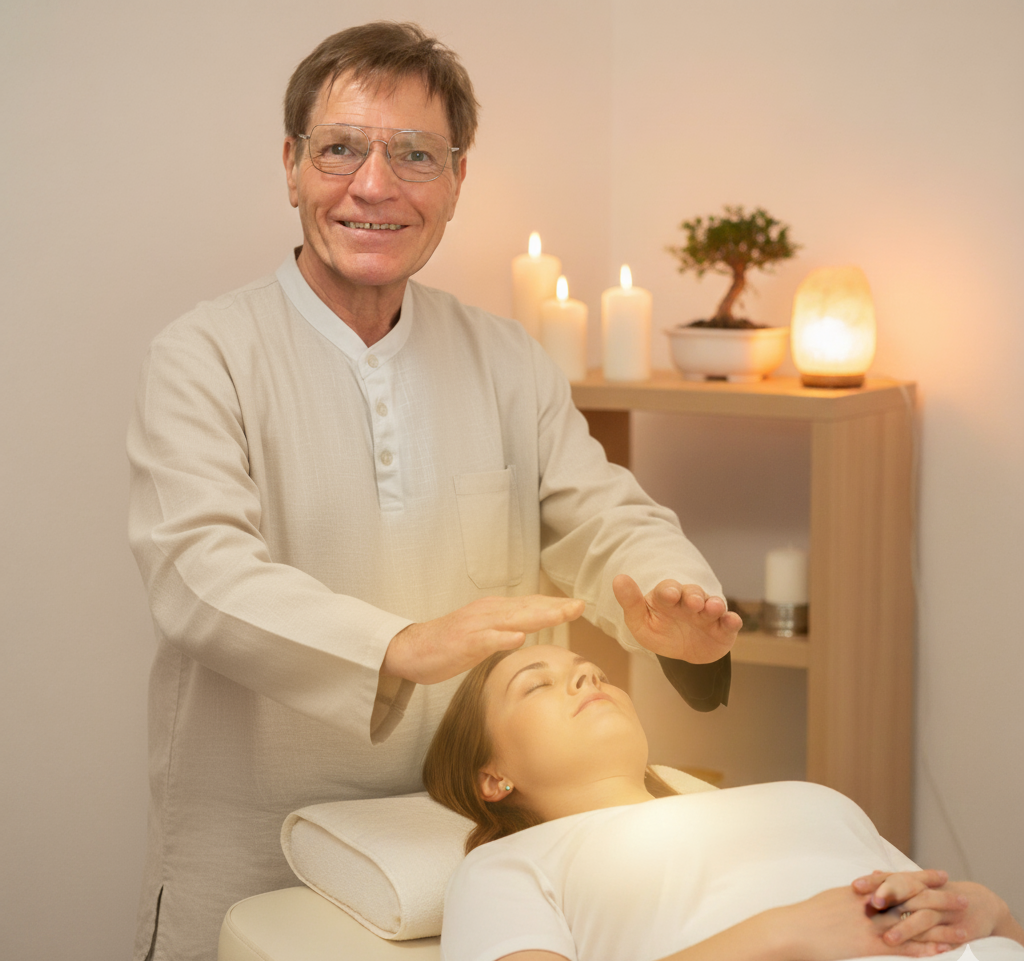 „Heilsame Berührung mit Gedanken und Händen – symbolisiert spirituelle Energiearbeit und ganzheitliche Unterstützung bei gesundheitlichen Herausforderungen“