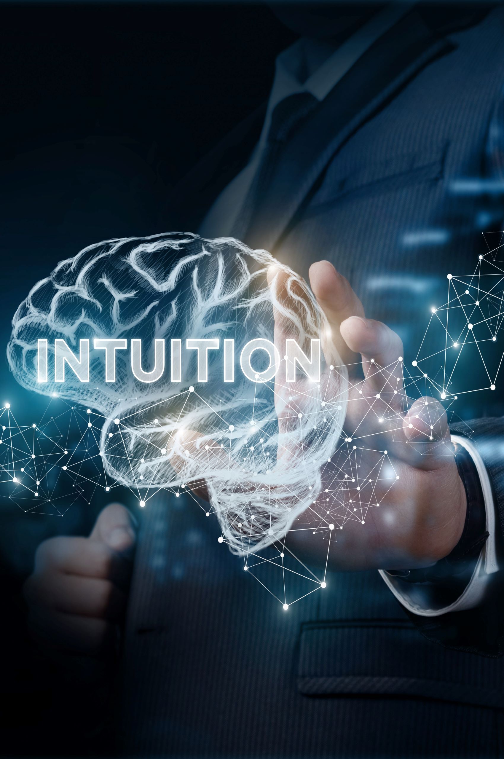 „Visualisierung von Intuition: Hand nähert sich strahlendem Gehirn – steht für innere Weisheit, Entscheidungsstärke und persönliche Entwicklung“