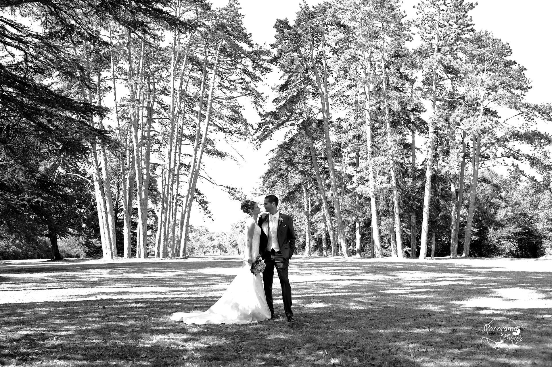 photo de mariage montrant des
mariés se regardant dans une clairière