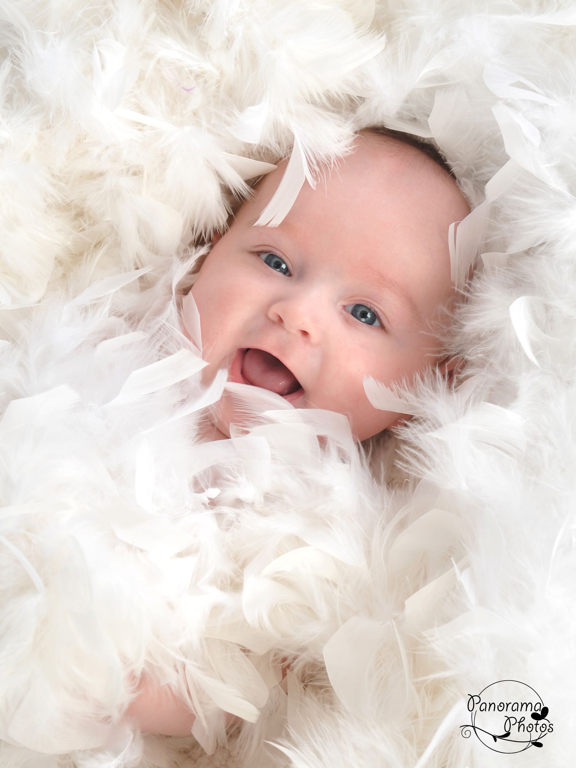 séance photo studio bébé souriant dans des pulmes