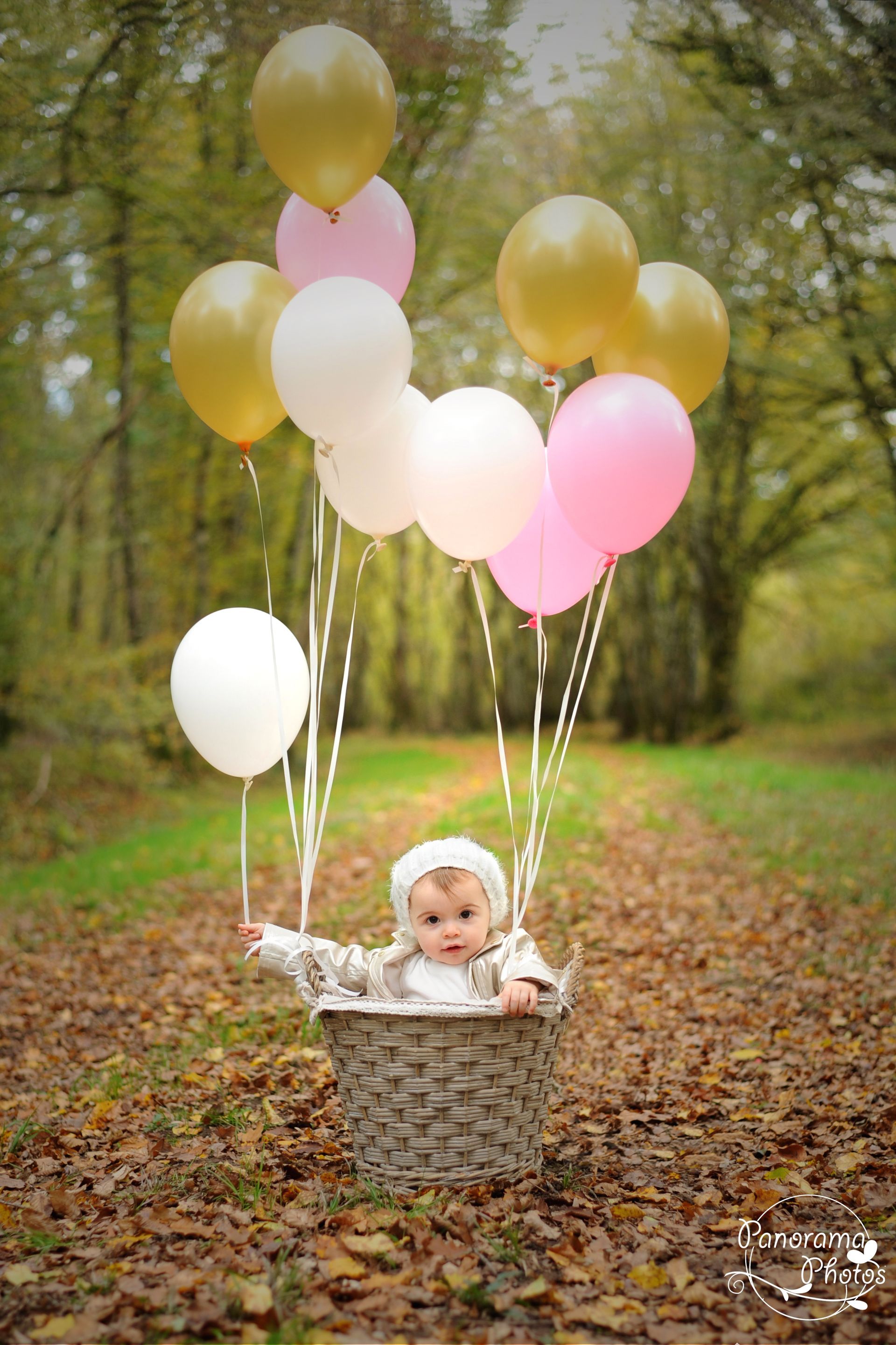 séance photo extérieure portrait petite fille dans un panier avec des ballon