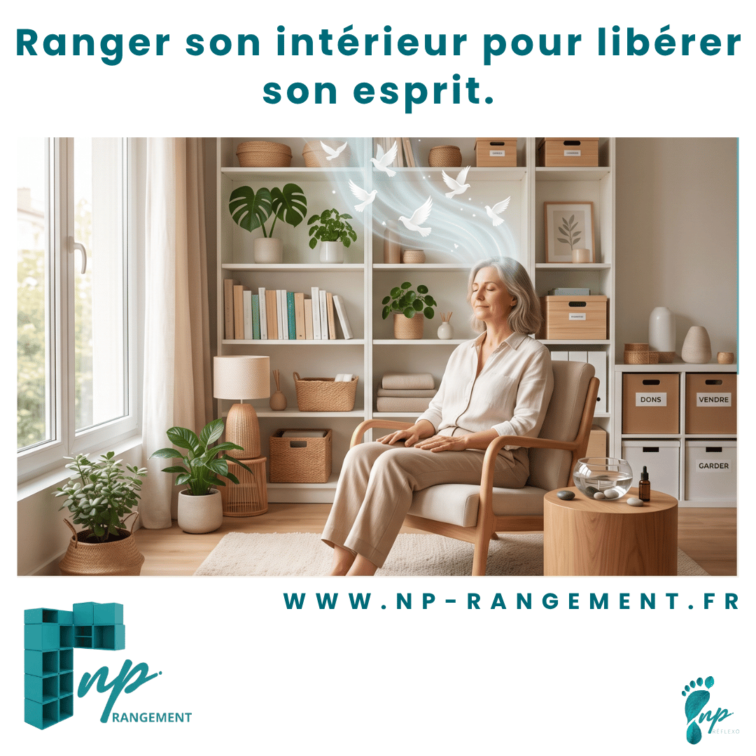 Femme sereine dans un salon rangé, symbolisant la clarté mentale et le nouveau service NP Rangement