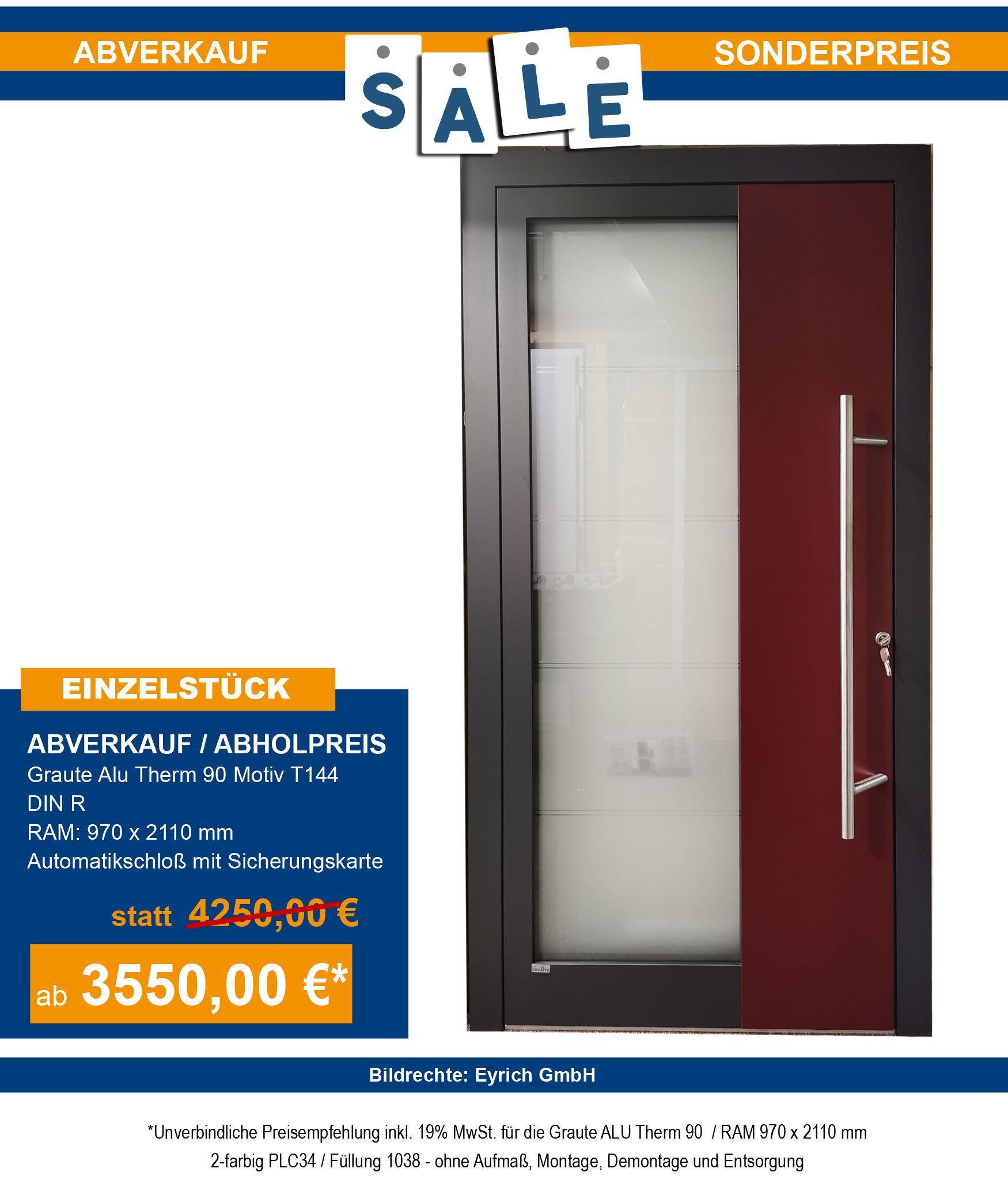 Haustür Pirnar Abverkauf Bad Kissingen Hammelburg Bad Brückenau Burkardroth Euerdorf Oerlenbach Elfershausen Wartmannsroth Bischofsheim Stangenroth Zahlbach Gemünden Bad Neustadt Bad Bocklet Schweinfurt Arnstein Wasserlosen Würzburg Gemünden Karlstadt Fulda Wildflecken Oberthulba Thulba Ebenhausen Werneck Bad Neustadt Unterfranken Landkreis Bad Kissingen Sonderpeis Abholpreis Schnäppchen Haustür Tür Aluminiumtür Kellertür Nebeneingangstür Ladentür Geschäftstür Hallentür Scheunentür Brennereitür Mietshaustür Bautür Neubautür Renovationstür Praxistür Motiv 0141 Größe: 1100x2100 mm DIN L Farbe Flügel 90147 Eiche schwarz Wetterschenkel RAL7015 5 Schlüssel Einzelstück