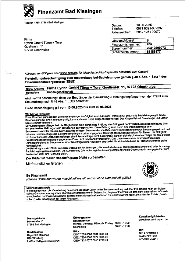 Freistellungsbescheinigung Eyrich GmbH Türen Tore Oberthulba Freistellungsbescheinigung Eyrich GmbH Türen Tore Oberthulba