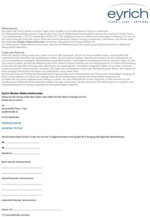 Eyrich GmbH Türen + Tore Oberthulba Widerruf Formular