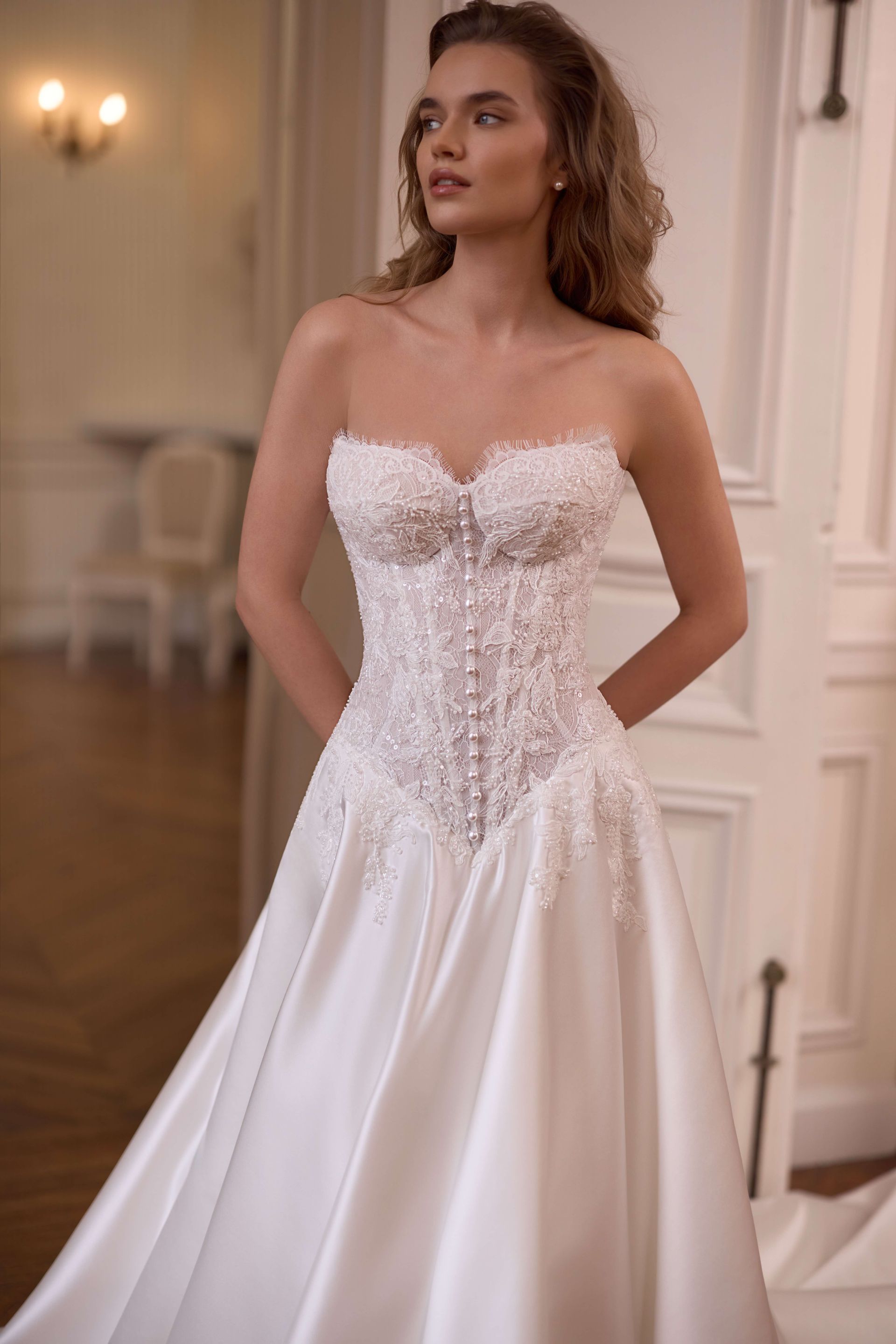 Arden S10222 SELESTIA PARIS WEDING DRESS Bridal gown satin lace embroideries drop waist