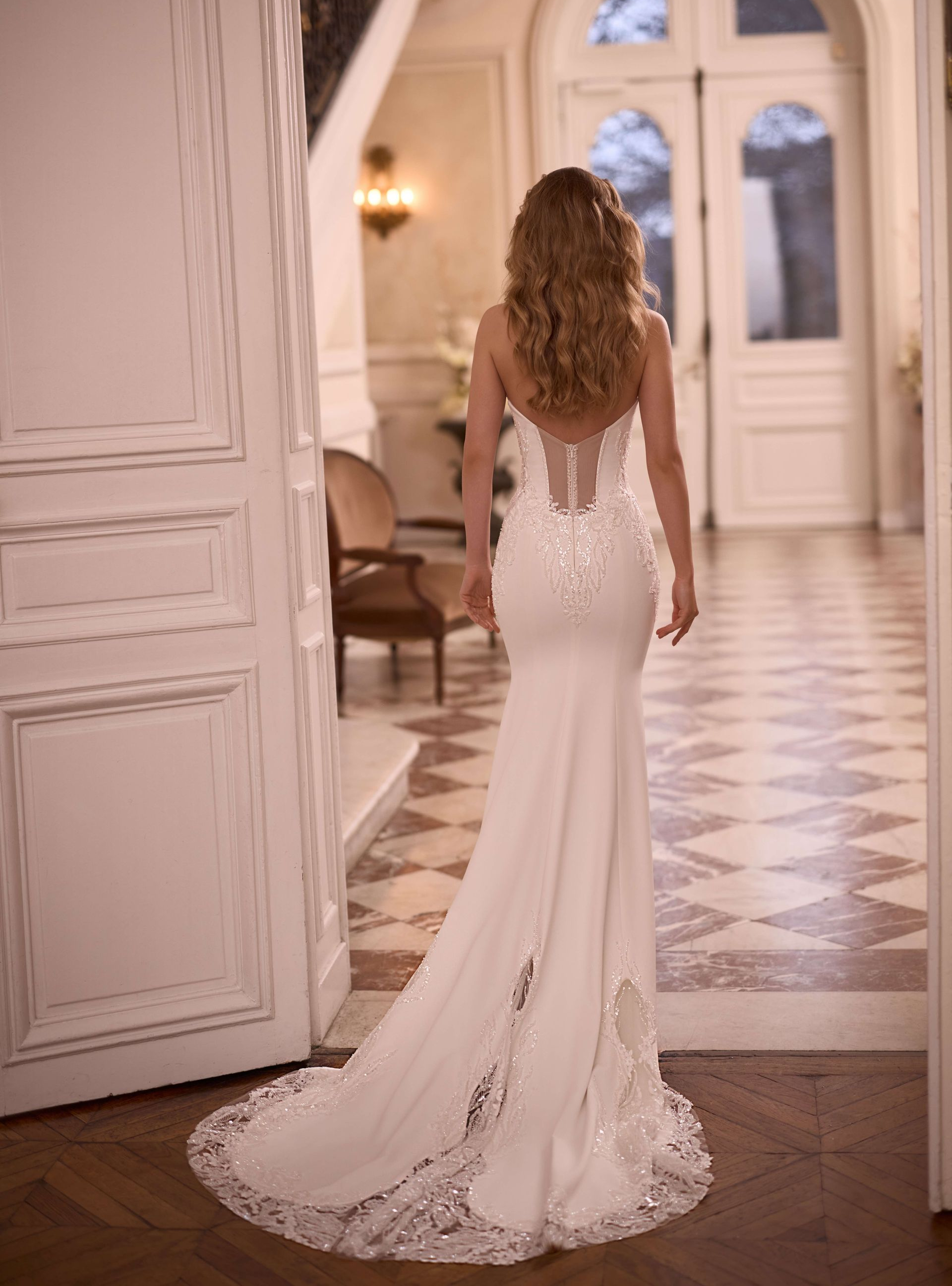 Evangelie S10225 crepe mermaid beaded lace embroidered train wedding dress bridal gown SELESTIA PARIS