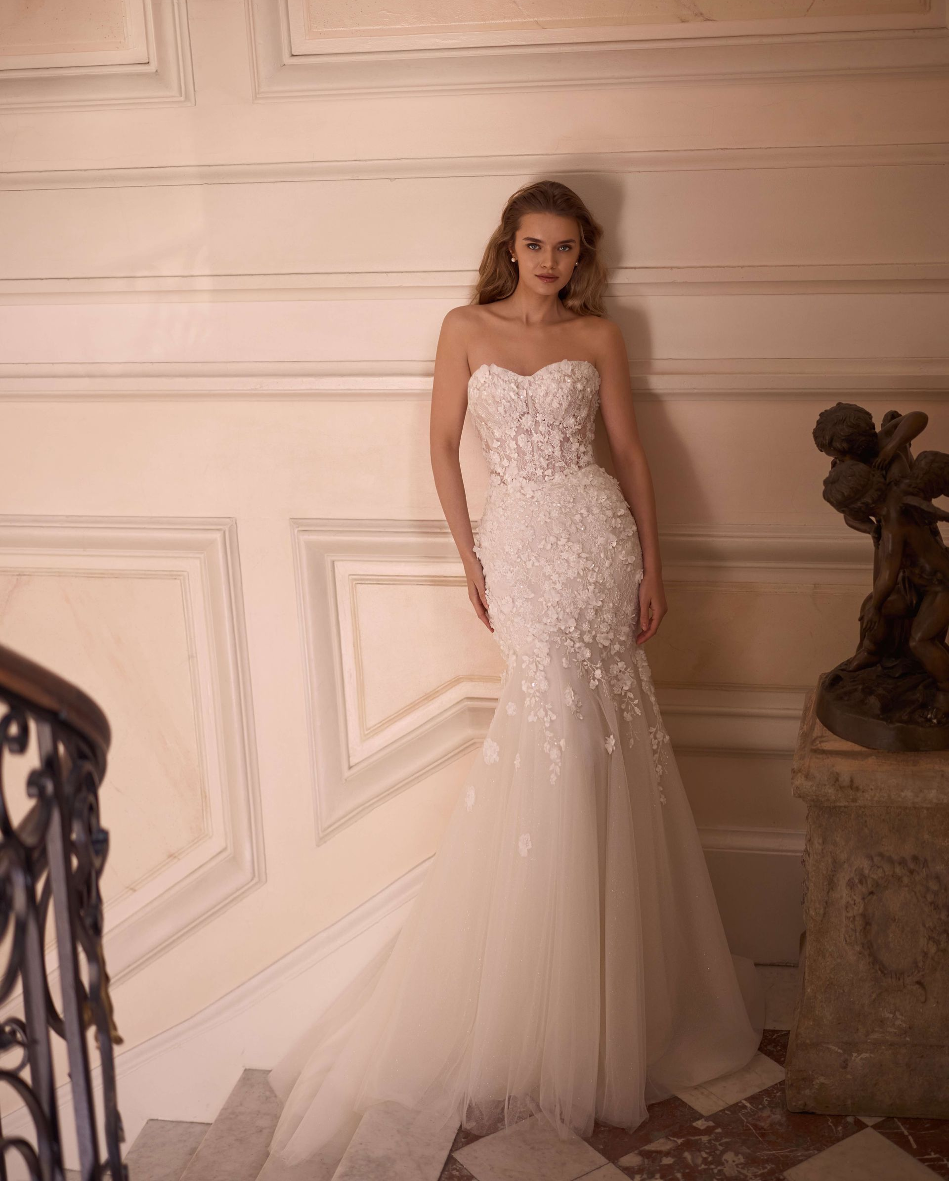 Fleure S10231 MERMAID BRIDAL GOWN WITH 3D FLOWERS OPENED BACK LONG TRAIN SELESTIA PARIS