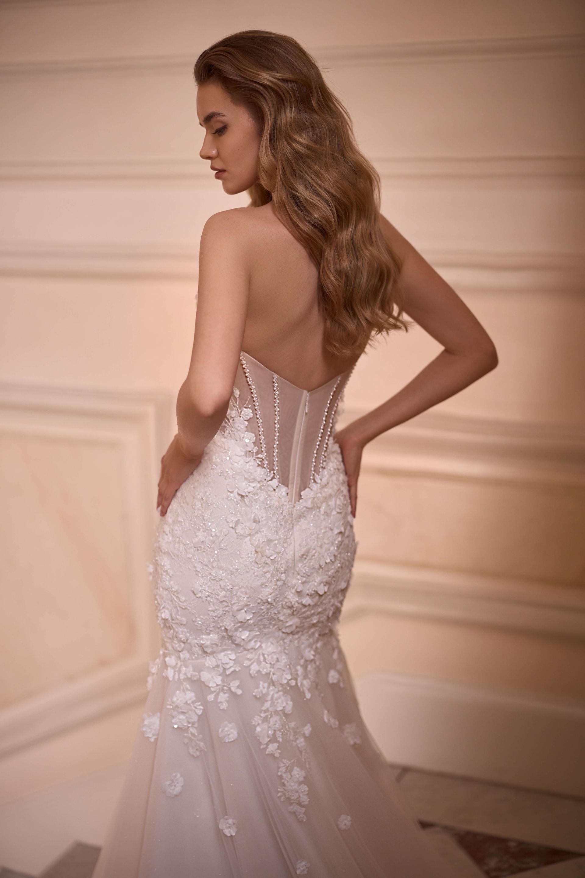 Fleure S10231 MERMAID BRIDAL GOWN WITH 3D FLOWERS OPENED BACK LONG TRAIN SELESTIA PARIS