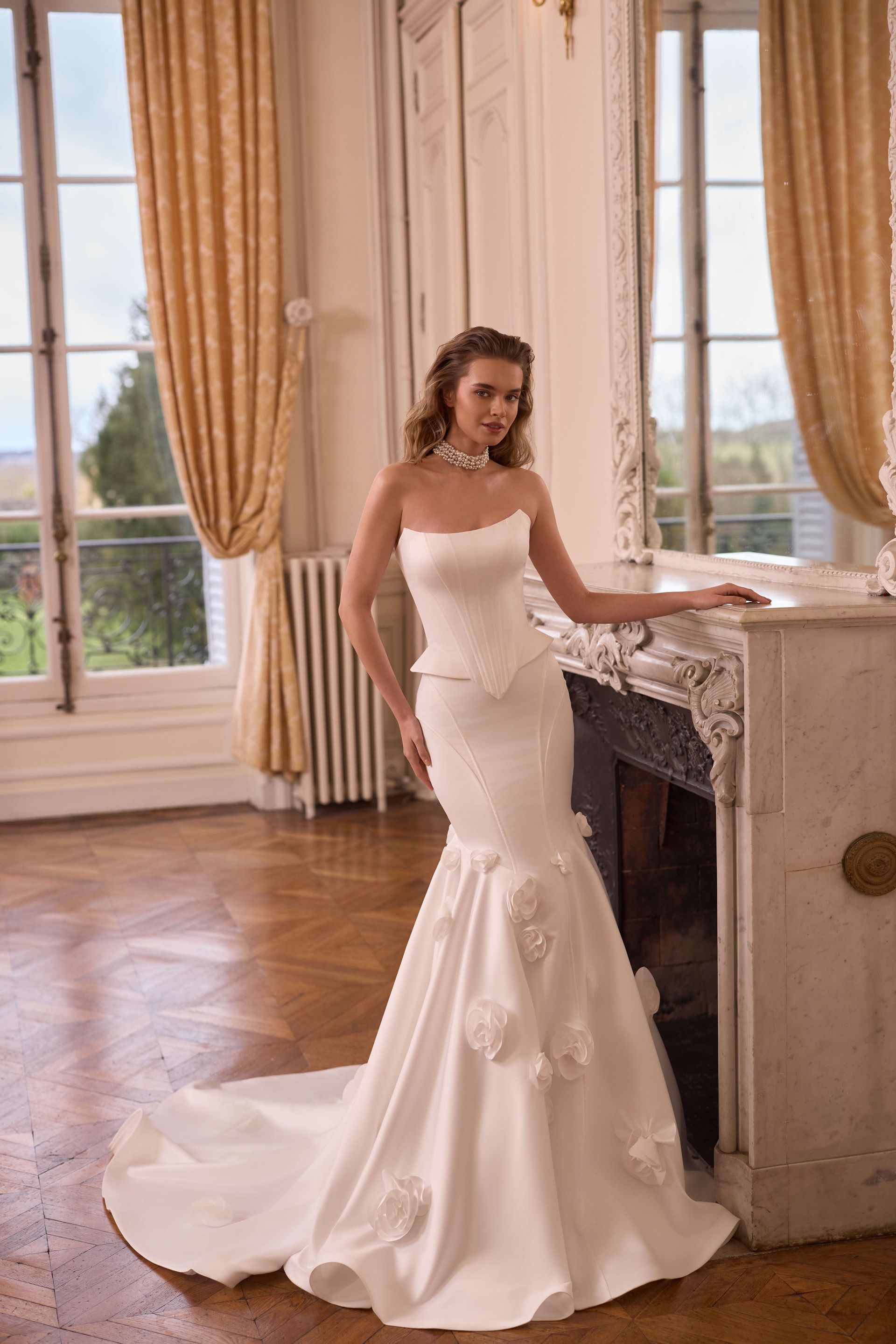 Iris S10233 Mermaid BRIDAL GOWN satin corset skirt with 3D flowers LONG TRAIN SELESTIA PARIS