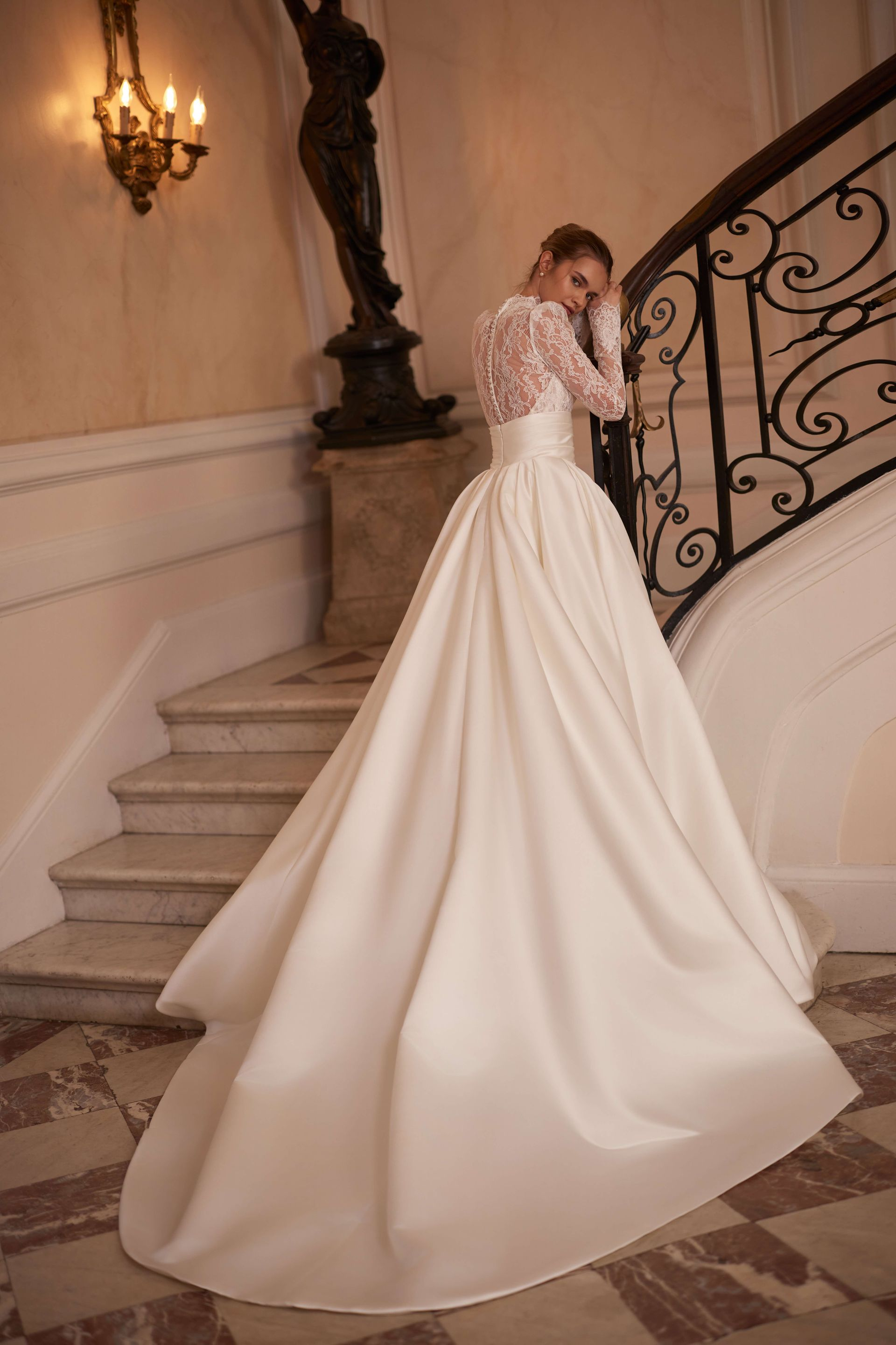 Darilya S10235 PRINCESS Mermaid lace slit BRIDAL GOWN satin skirt LONG TRAIN SELESTIA PARIS