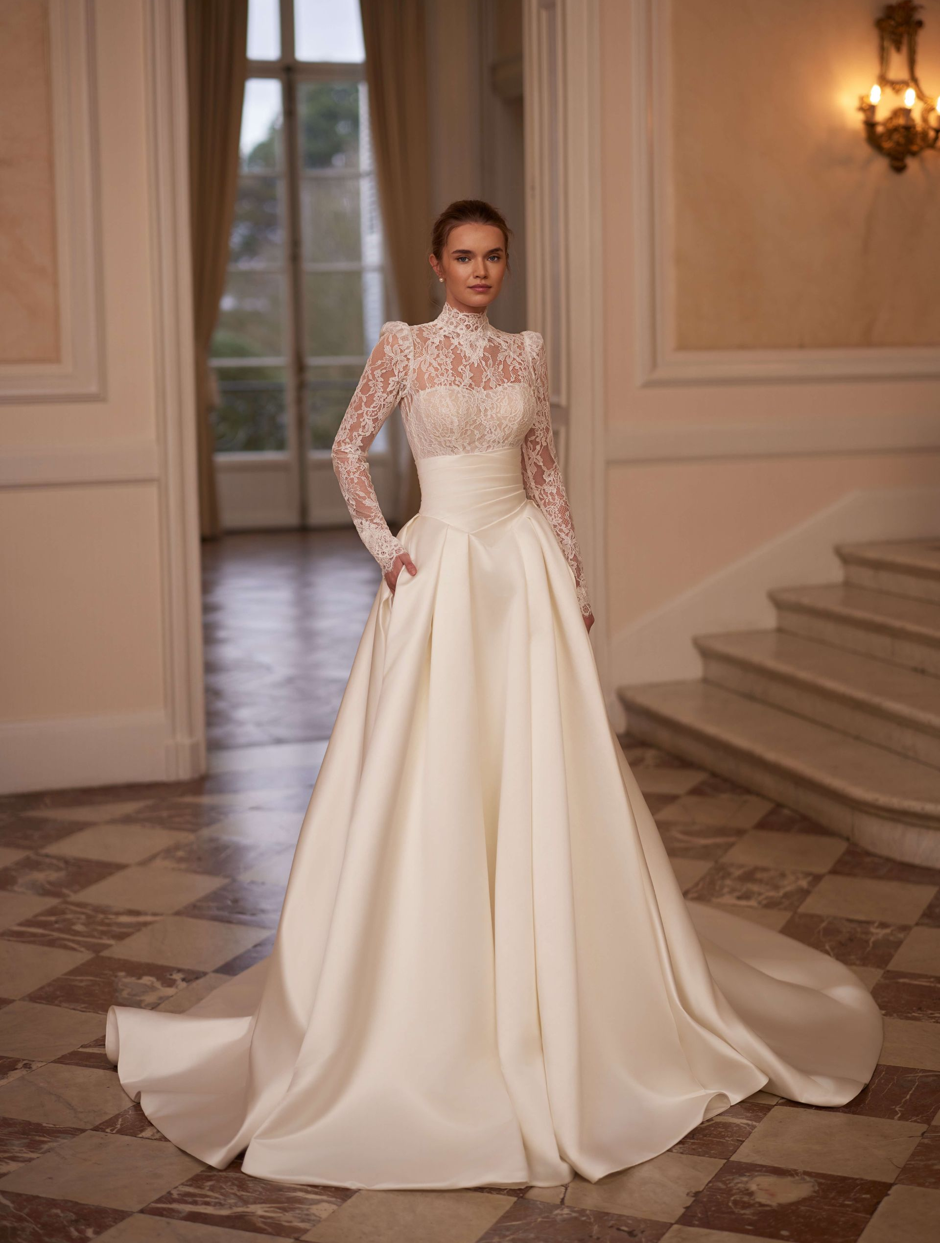 Darilya S10235 PRINCESS Mermaid lace slit BRIDAL GOWN satin skirt LONG TRAIN SELESTIA PARIS